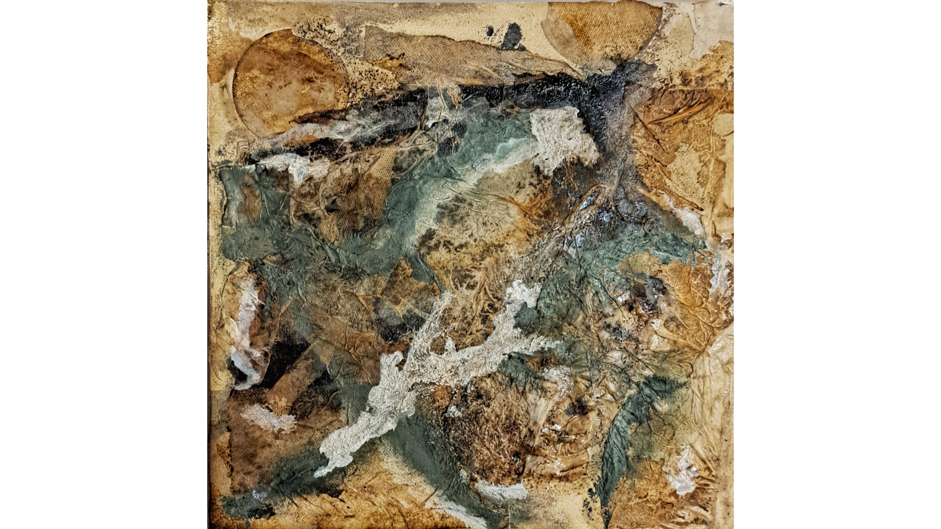 Earthy abstract collage with textured oil pastel in green, black, white & beige on raw canvas.