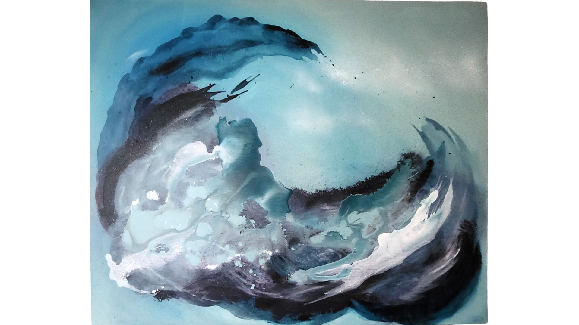 Large abstract acrylic painting with swirling blue, black, white & gray tones evoking a dynamic ocean wave