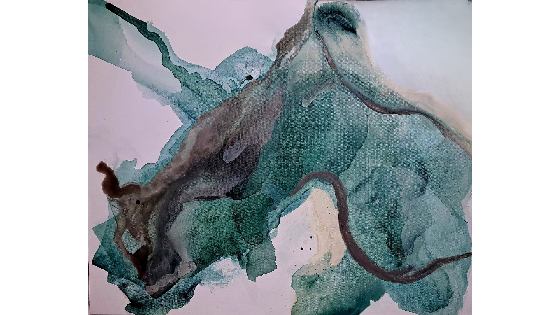 Abstract acrylic with diffused washes and translucent layers in green, teal & brown, featuring flowing overlapping shapes.