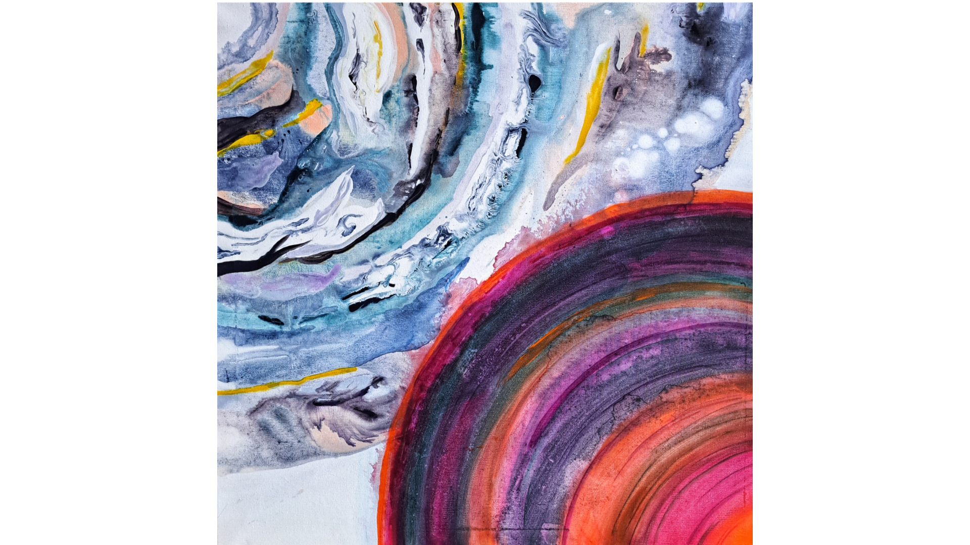 Abstract acrylic painting with swirling blues, purples & greys colliding with a red-orange-pink-teal planetary form.