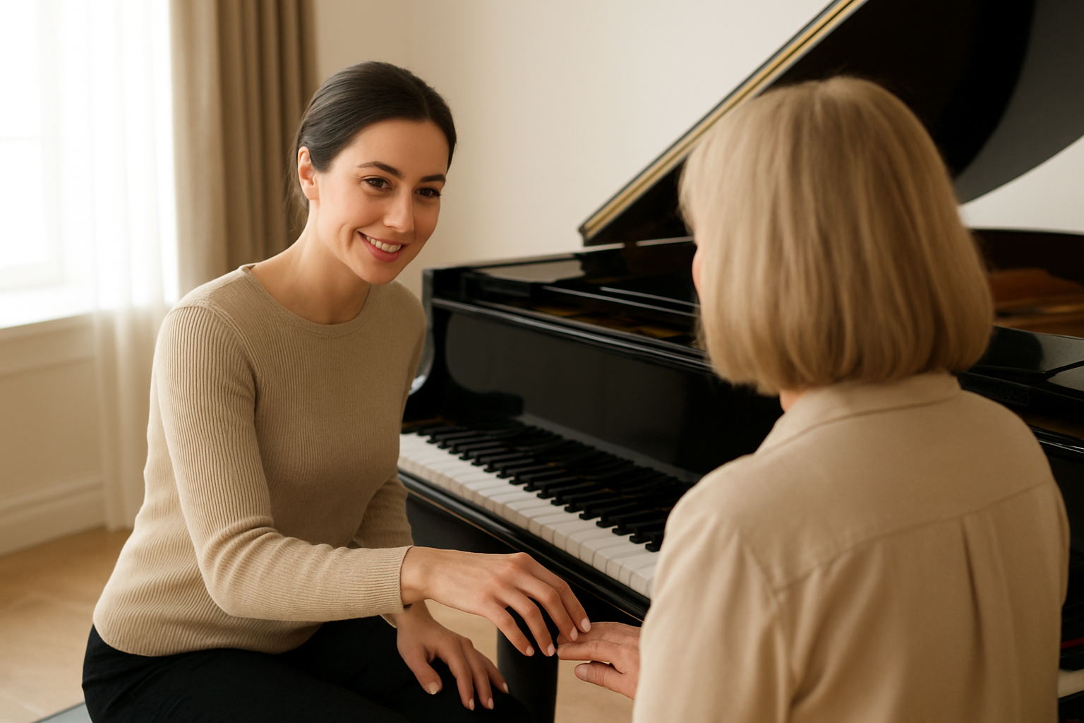 A woman smiling at an older woman while sitting at a grand piano as the older woman touches her hand.