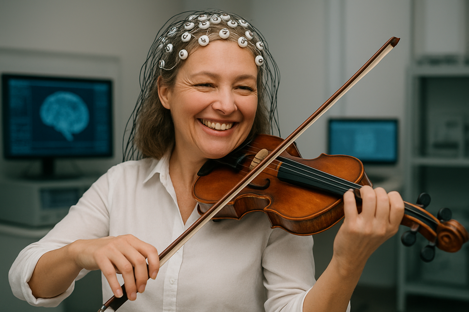 A woman wearing a protective cap with sensors is playing a violin and smiling in a research lab with computer screens displaying brain scans in the background.