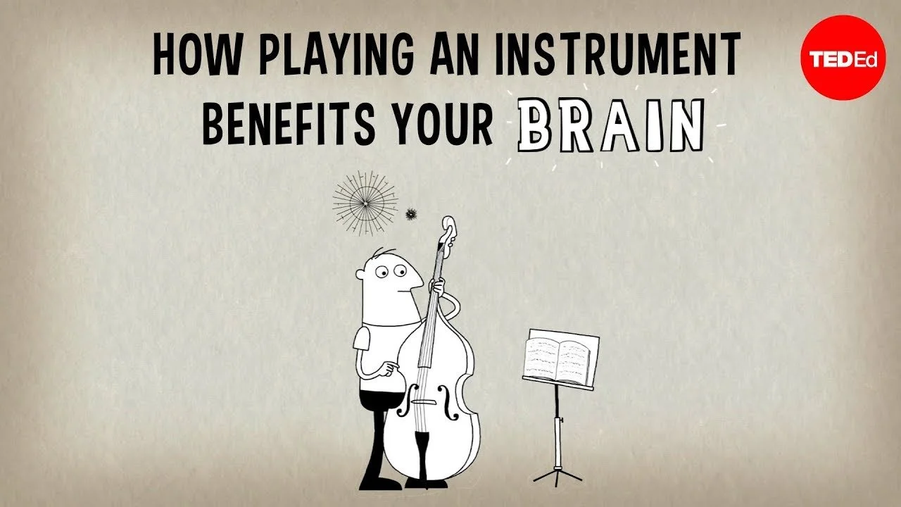 Title slide with text 'How Playing an Instrument Benefits Your Brain' and a cartoon illustration of a person playing a double bass, with a music stand and TED-Ed logo in the top right corner.