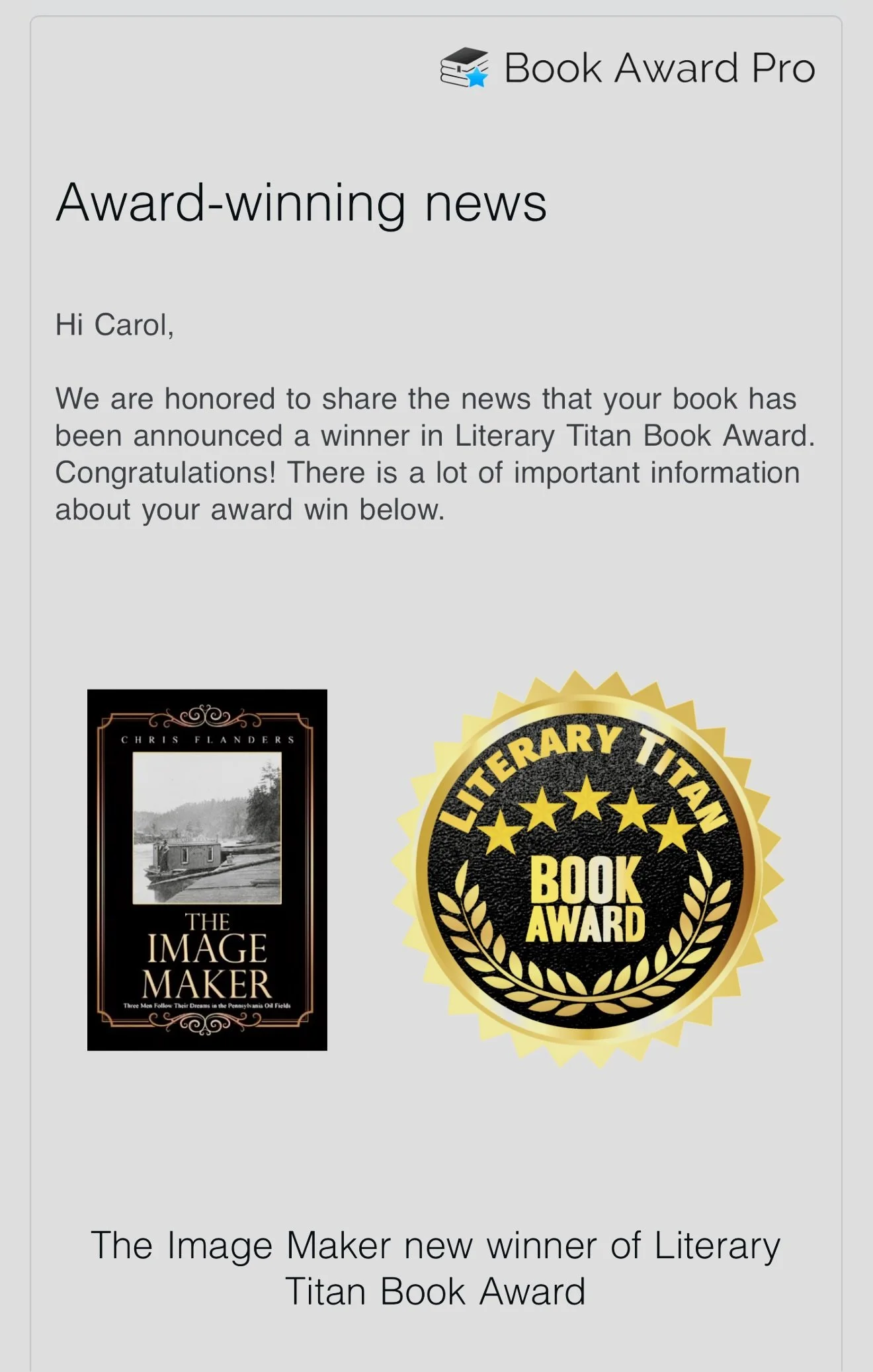 'The Image Maker' by Chris Flanders and Literary Titan Book Award gold seal, congratulating the recipient for winning the Literary Titan Book Award, 2025.