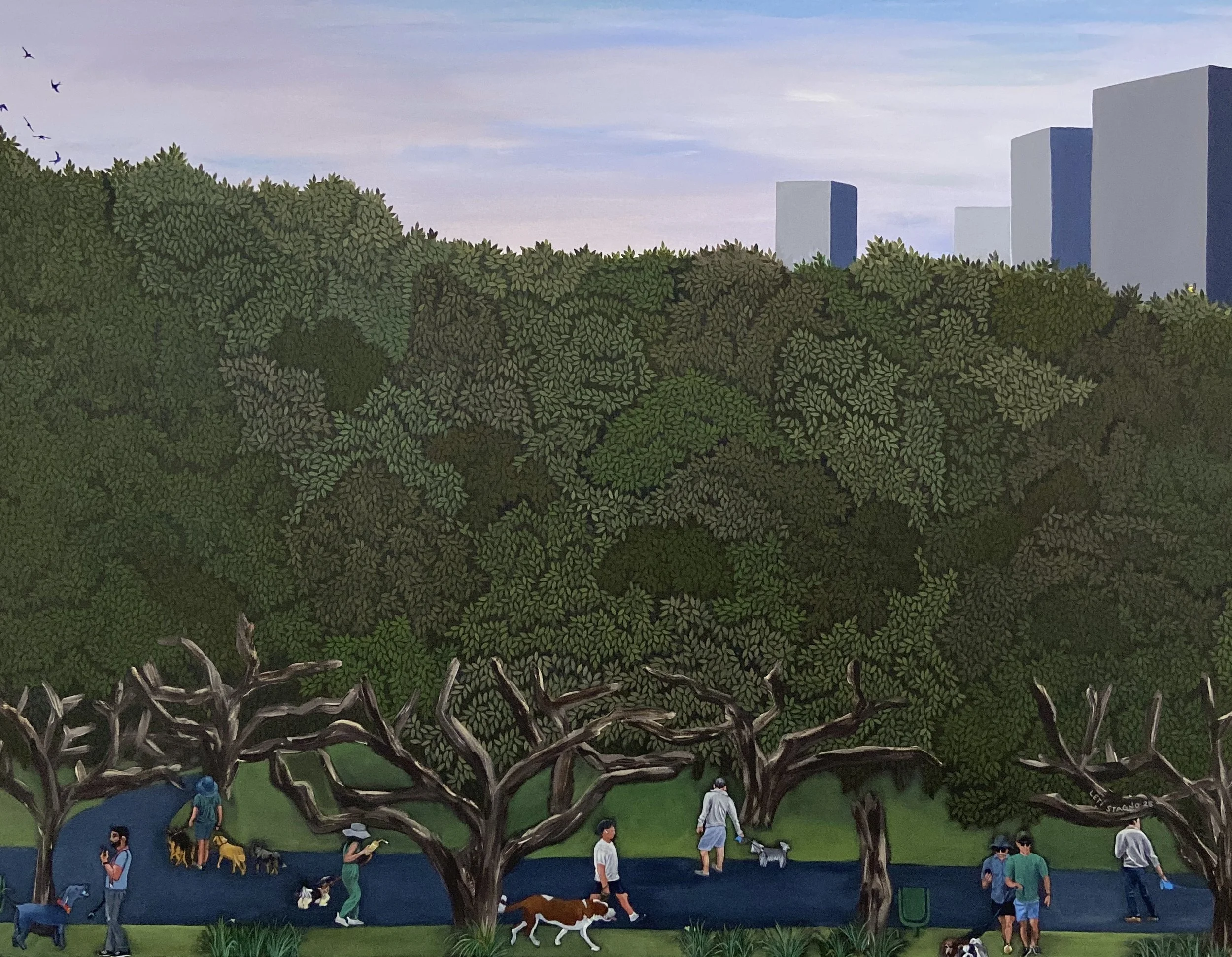 PARQUE del PERRÓ - 2025 - Acrylic on canvas 	73x92cm / 28.74"x36.22”
There are so many dogs in this park! All shapes and colors. I tried to represent the people and the dogs I see on a regular basis. When I cross paths with them now, I have the stran