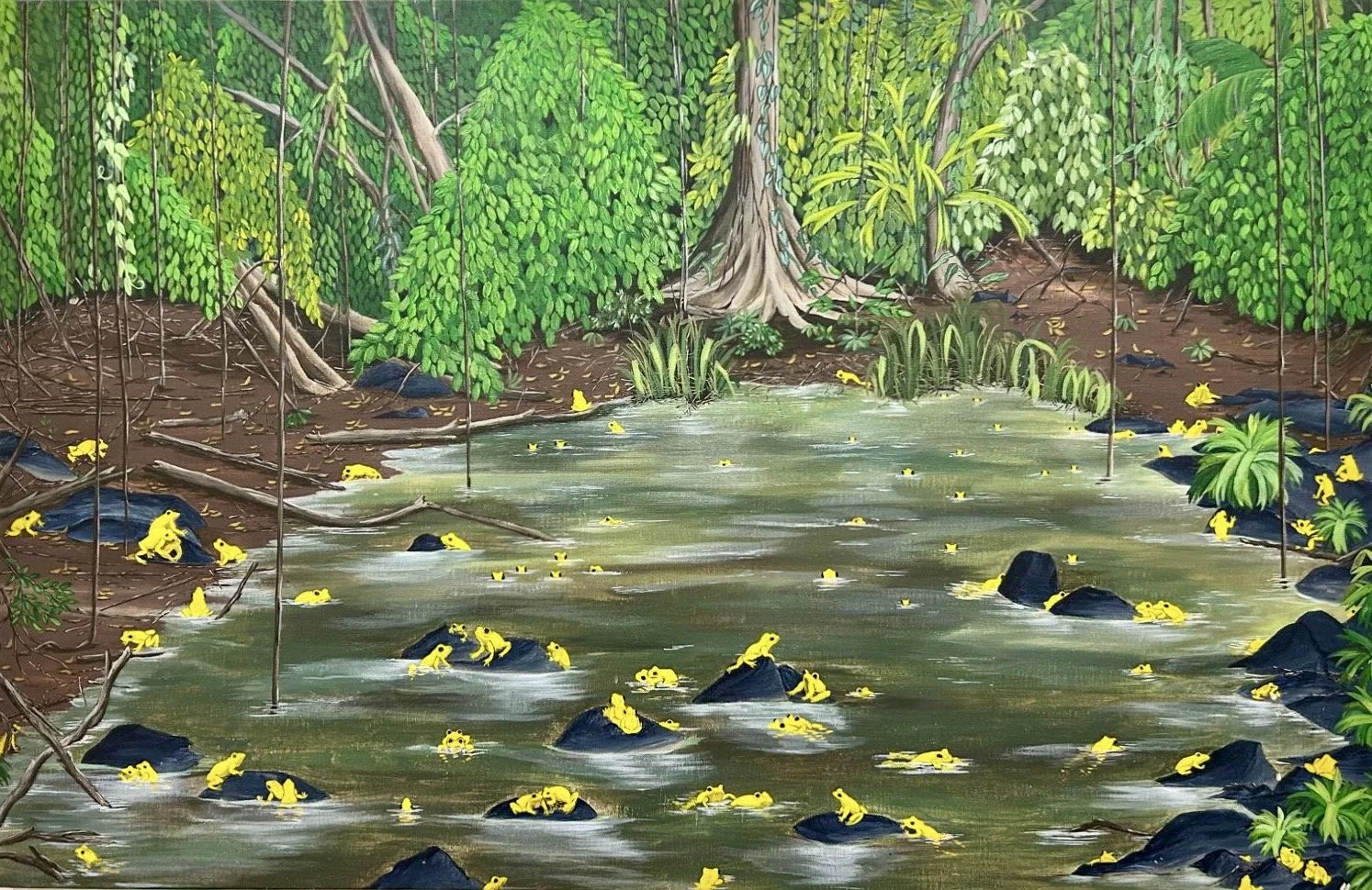 ZAPOS DORADOS  - 2022 - Acrylic on canvas 73x92cm / 28,7”x36"
It's looking through Luciano Capelli's pictures of this extinct species that I got the inspiration for this piece. Those male frogs turn bright yellow during mating season.

SOLD