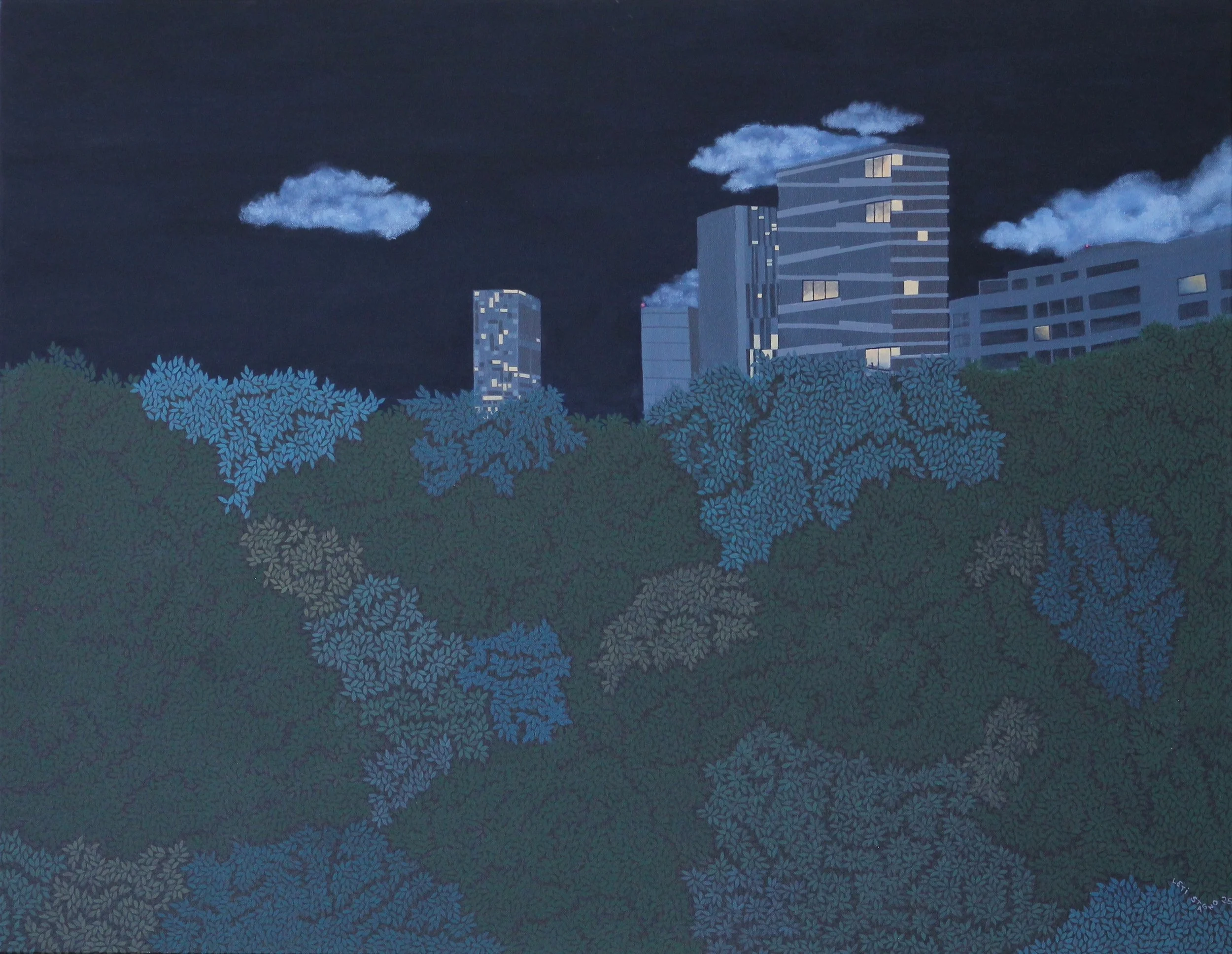 EL PARQUE BY NIGHT - 2026 - 73x92cm / 28.74"x36.22” Although nature remains present, the lights of human activity dominate the night.
