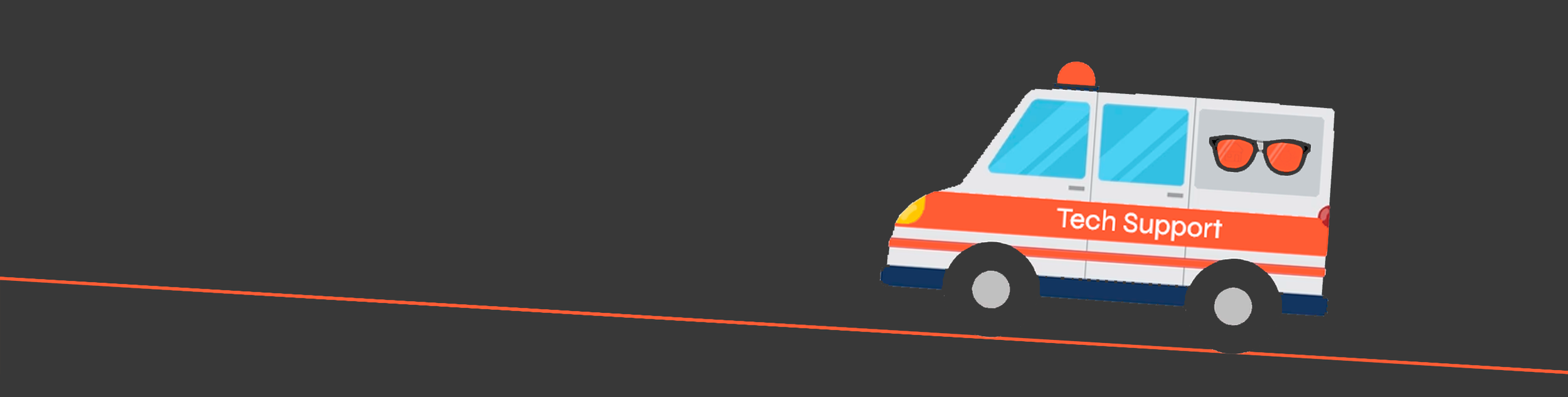 Illustration of a tech support vehicle with sunglasses and the words 'Tech Support' on the side, on a small hill with a dark background.