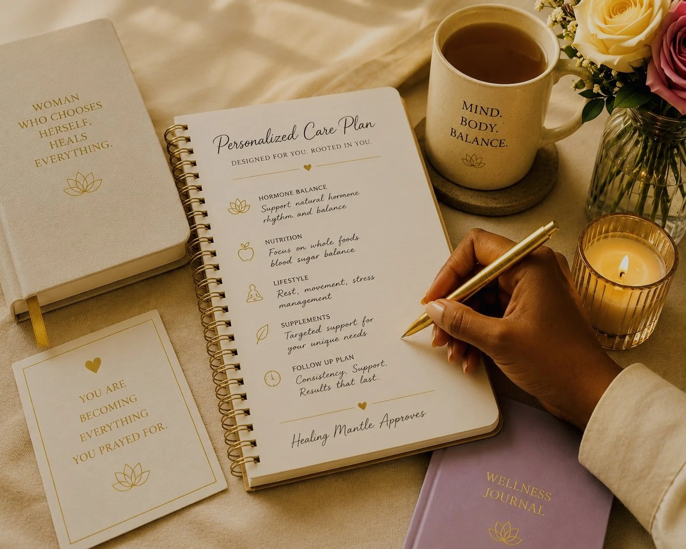 A person writes in a wellness planner with a personalized care plan, surrounded by a cup of tea, a lit candle, a bouquet of flowers, a wellness journal, and motivational cards on a beige surface.