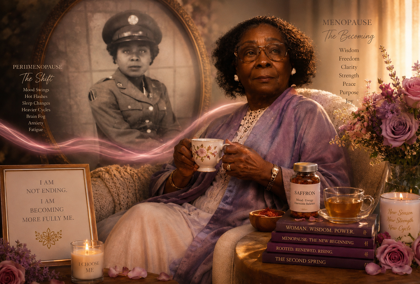 An elderly woman with curly hair and glasses sitting on a beige armchair, holding a floral teacup. She is surrounded by flowers, candles, a jar labeled 'Saffron', and a stack of books about womanhood, empowerment, and menopause. Behind her is a large black-and-white portrait of a woman in a military uniform. Text on the right about menopause and perimenopause, and a framed quote on the left saying, 'I am not ending. I am becoming more fully me.'