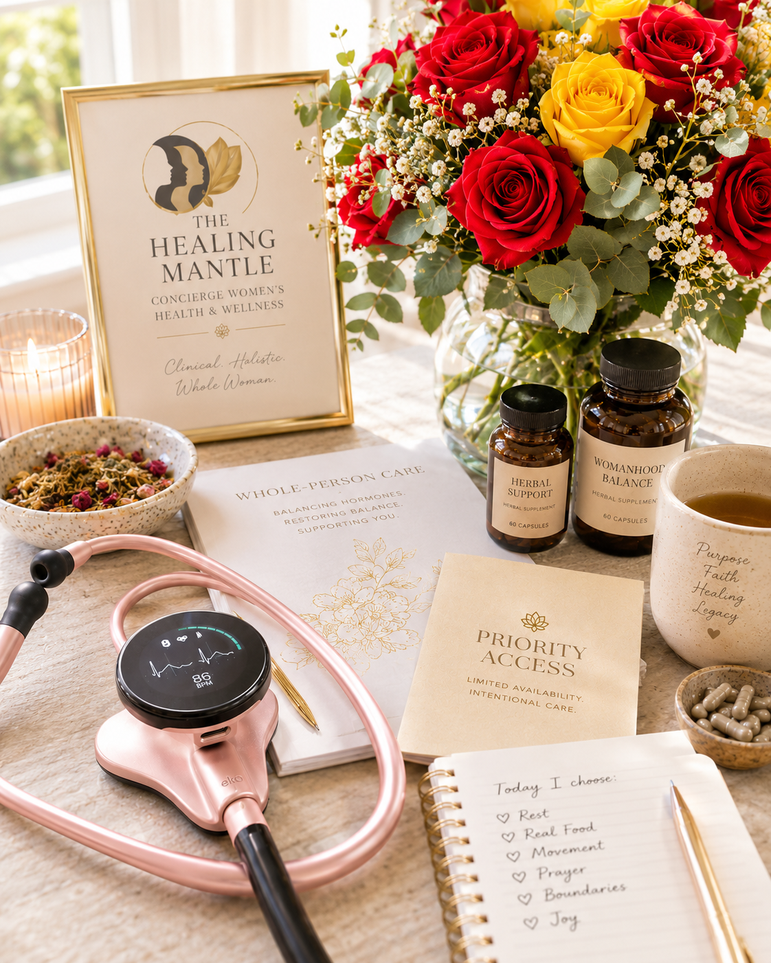 A wellness setup featuring a bouquet of red and yellow roses, herbal supplements, a stethoscope, a health journal, a candle, and a sign for The Healing Mantle. There are also various notes, capsules, and a cup of tea on the table.