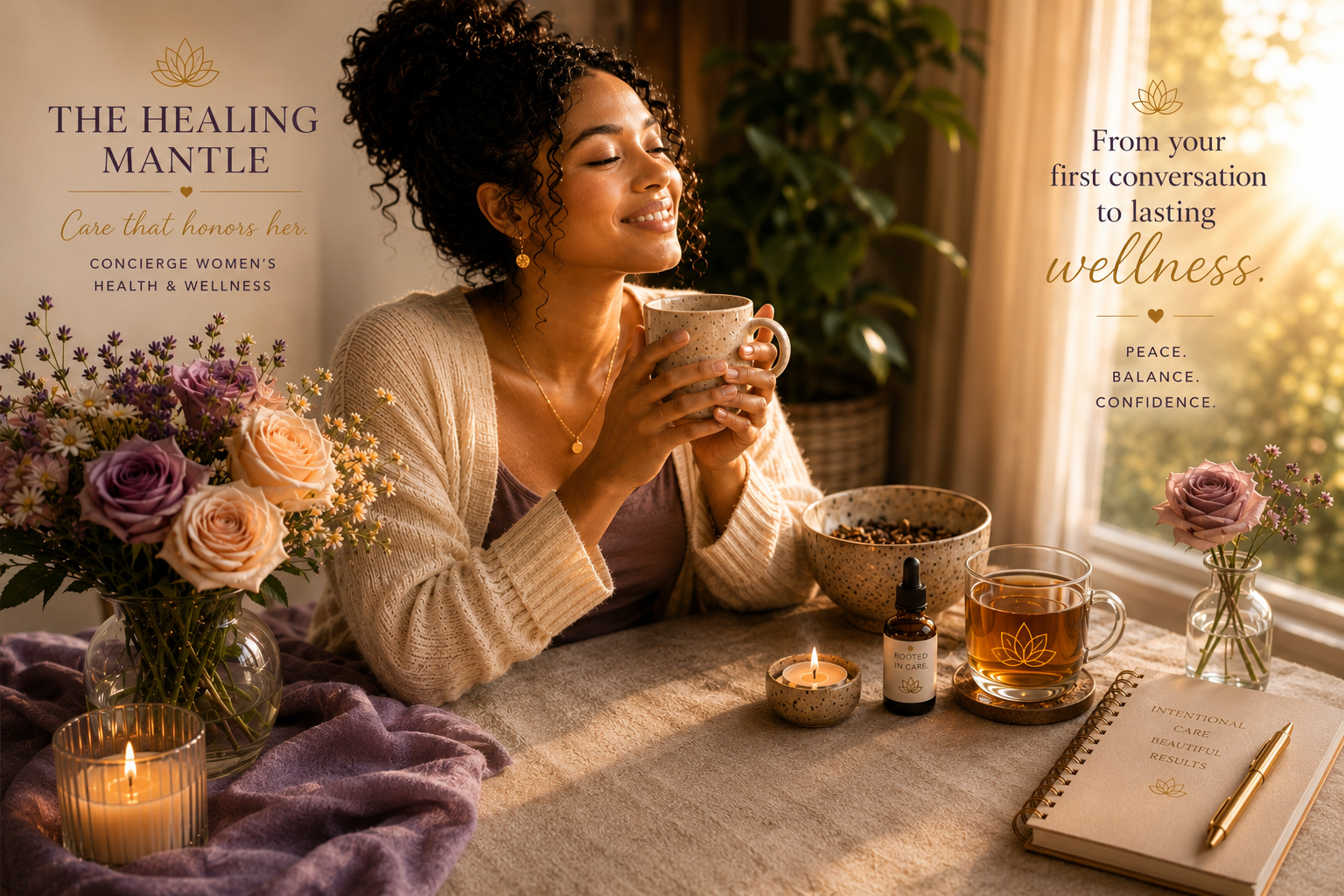 A woman with curly hair enjoying a warm beverage at a cozy table with flowers, candles, and wellness products, in a well-lit room with sunlight streaming through a window.