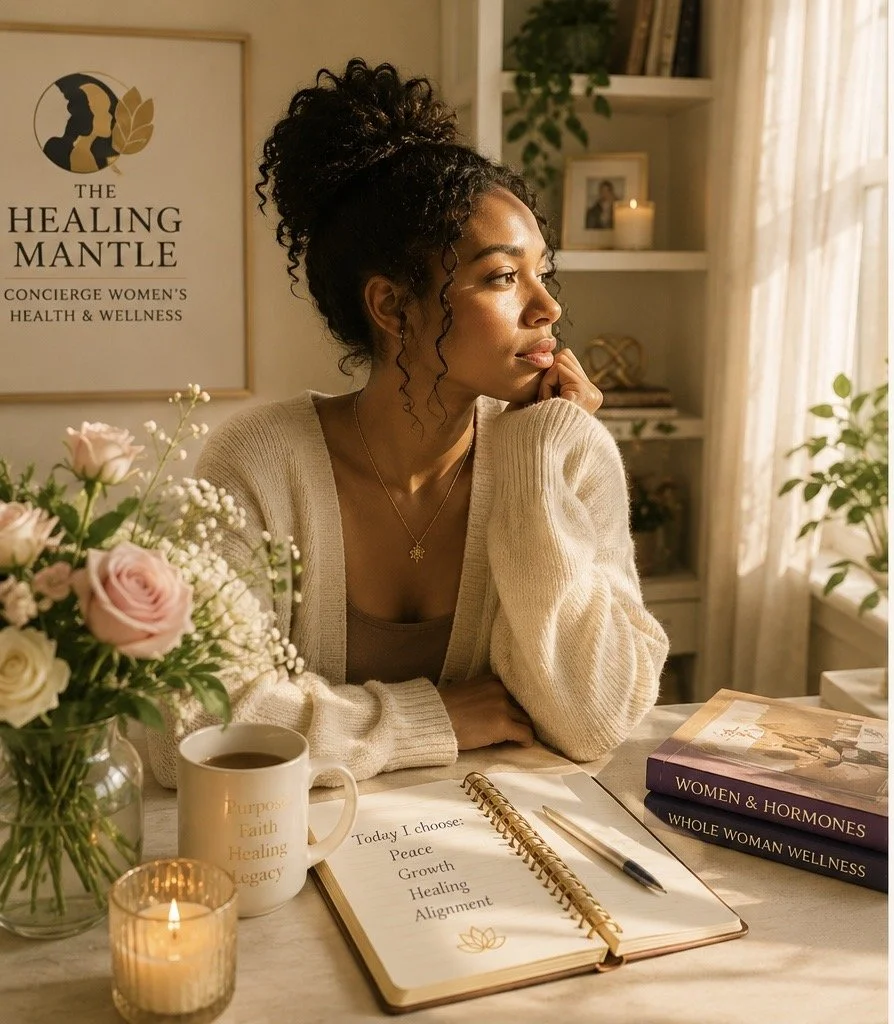 A woman with curly hair in a bun sits at a desk with flowers, a coffee mug, a candle, notebooks, and a pen, looking thoughtful. Behind her is a sign reading 'The Healing Mantle' and a bookshelf with a candle and framed photos. The room is warm and well-lit.