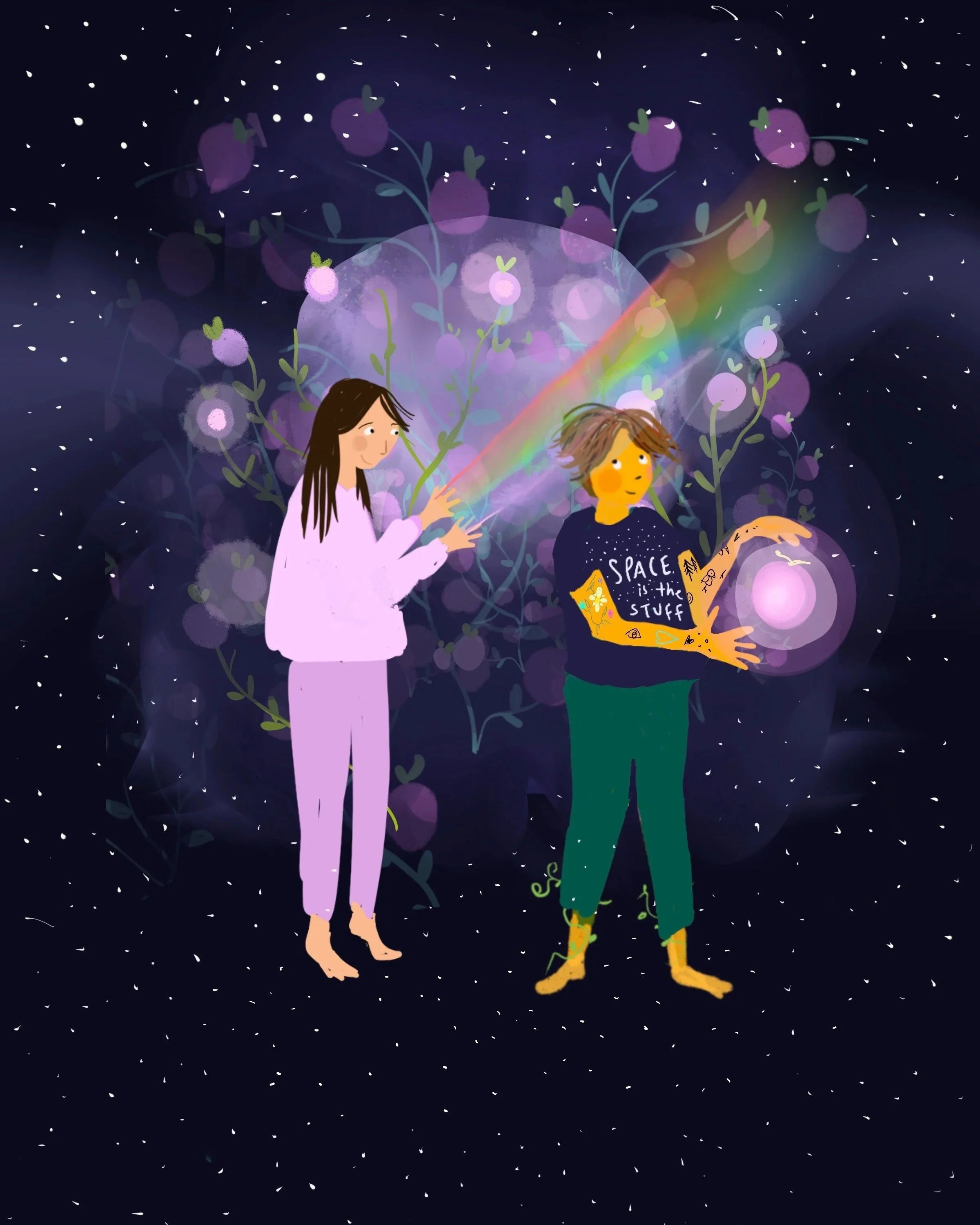 Cartoon of two children in space with starry background, purple plants, rainbow, and glowing orbs.