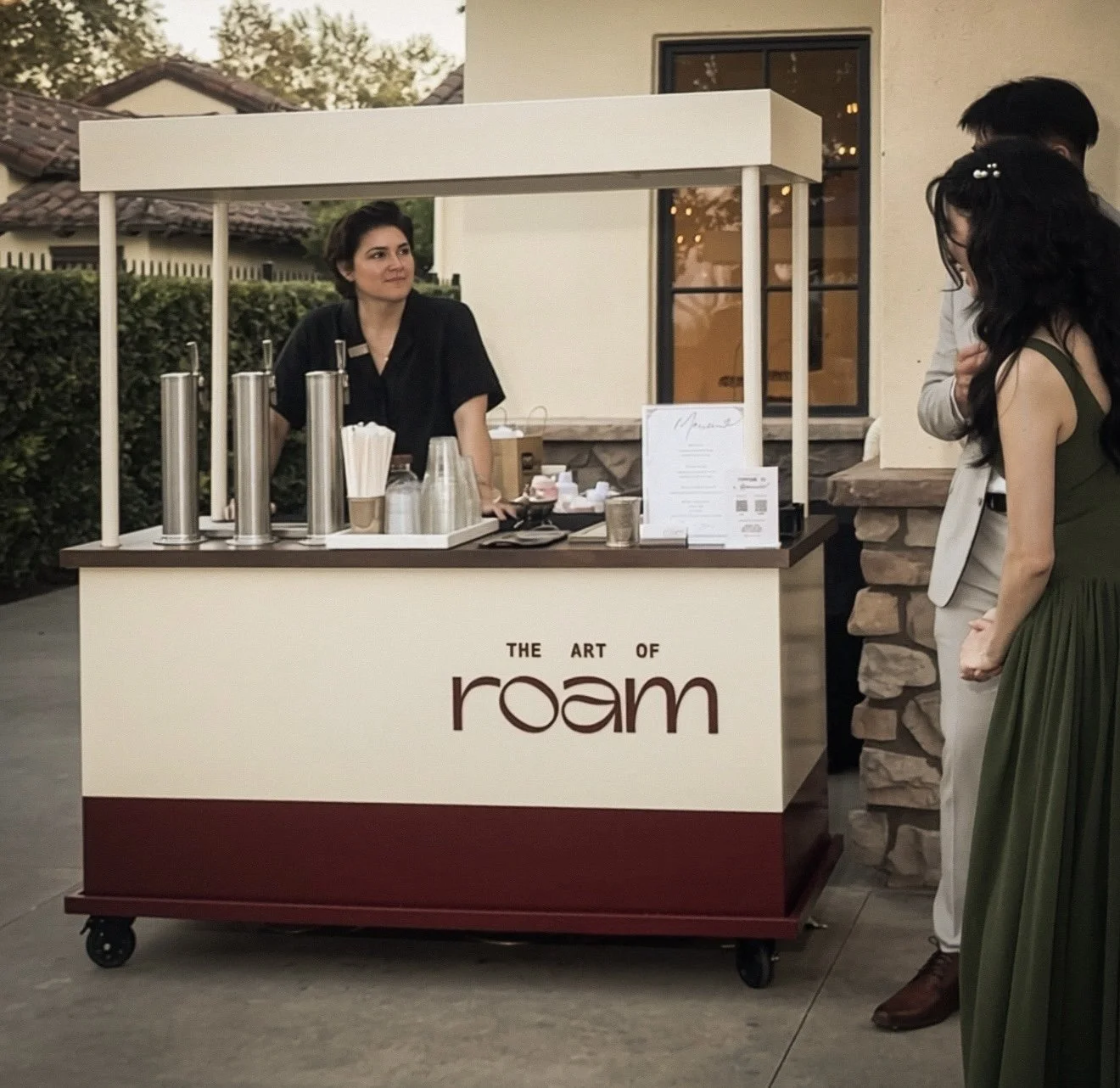 The Art of Roam mobile coffee and matcha cart serving guests at a private wedding celebration in Los Angeles.