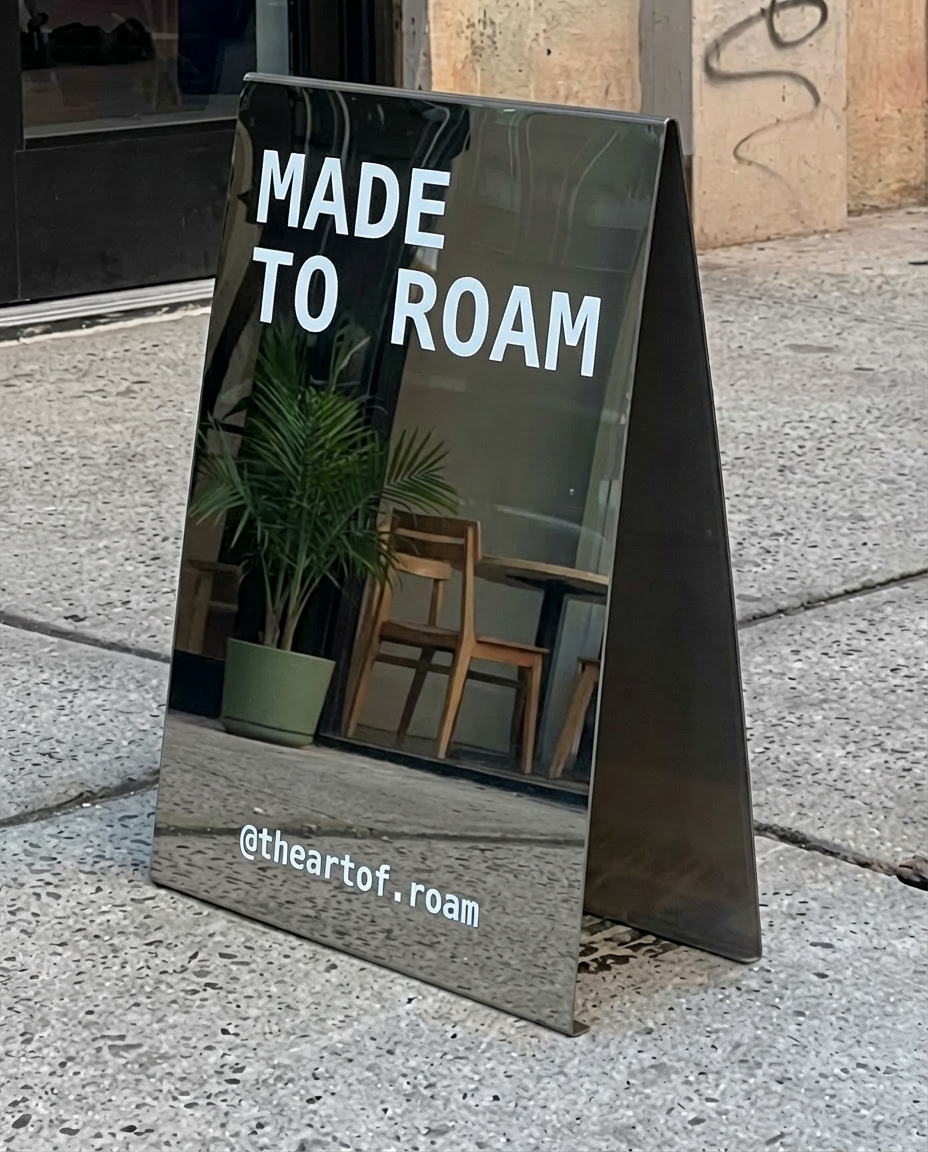Made to Roam A-frame sign for The Art of Roam mobile beverage service