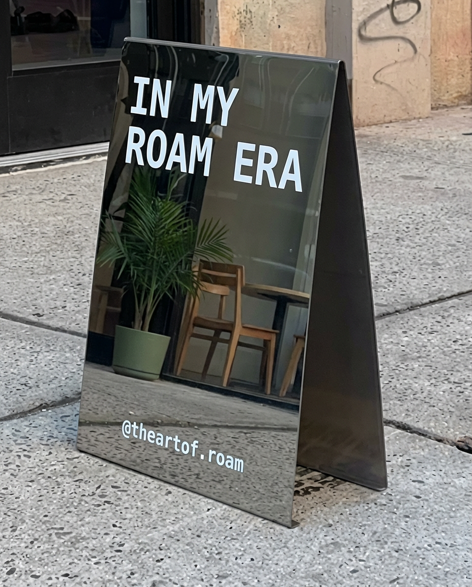 The Art of Roam sidewalk sign for mobile coffee and matcha catering in Los Angeles
