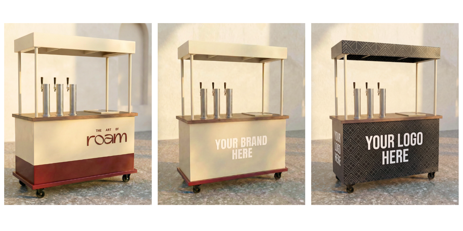 Three customizable mobile coffee and matcha cart designs for brand activations and corporate events in Los Angeles