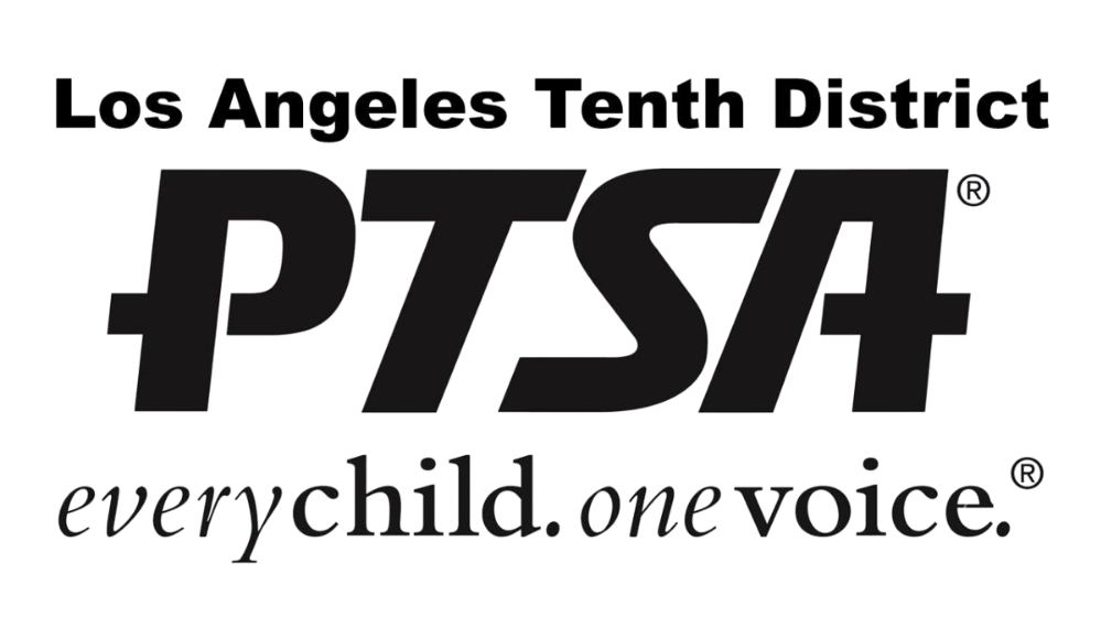 Los Angeles Tenth District PTSA logo with the motto every child. one voice. in black text on a white background.