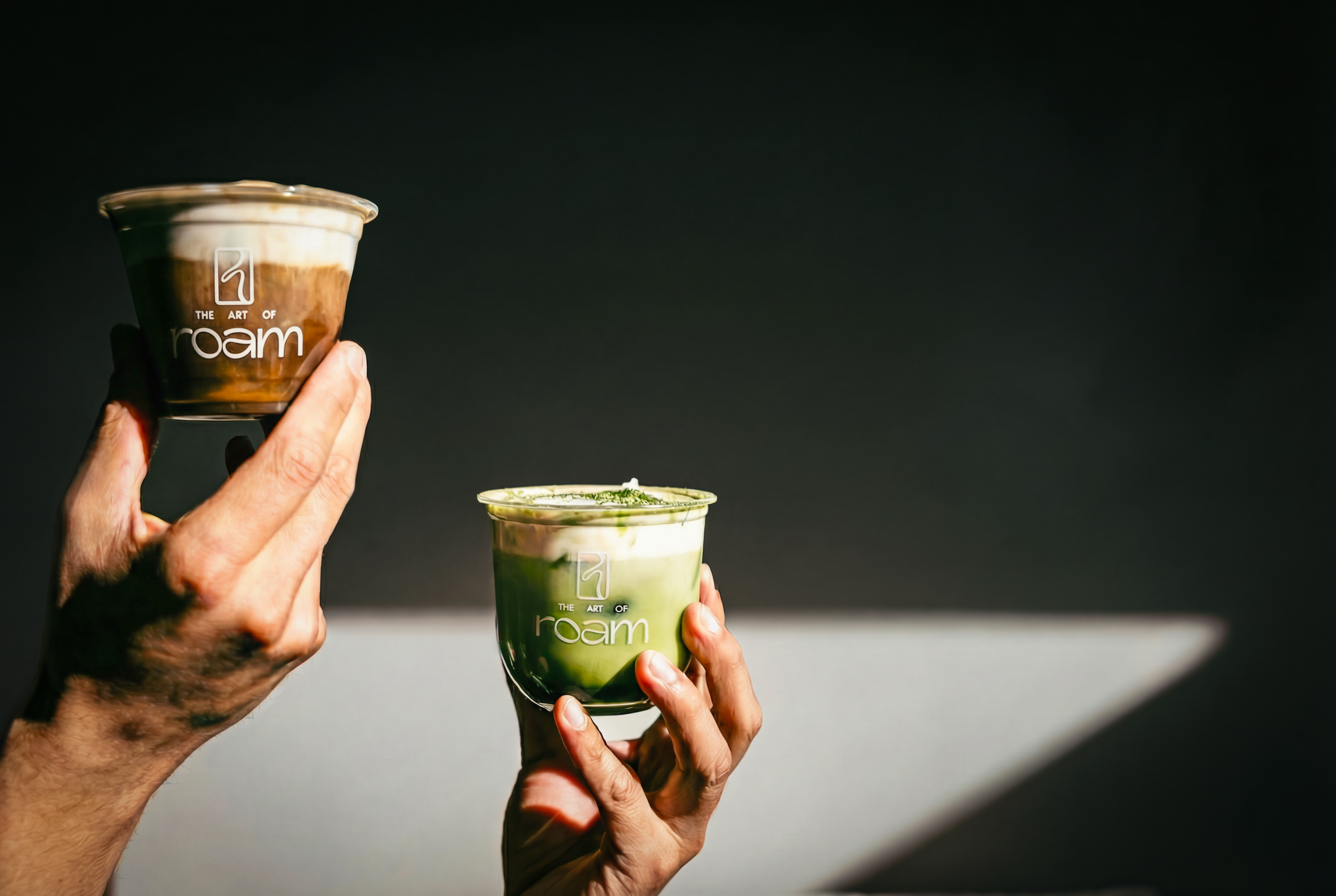 Coffee and matcha drinks served at a mobile beverage cart by The Art of Roam