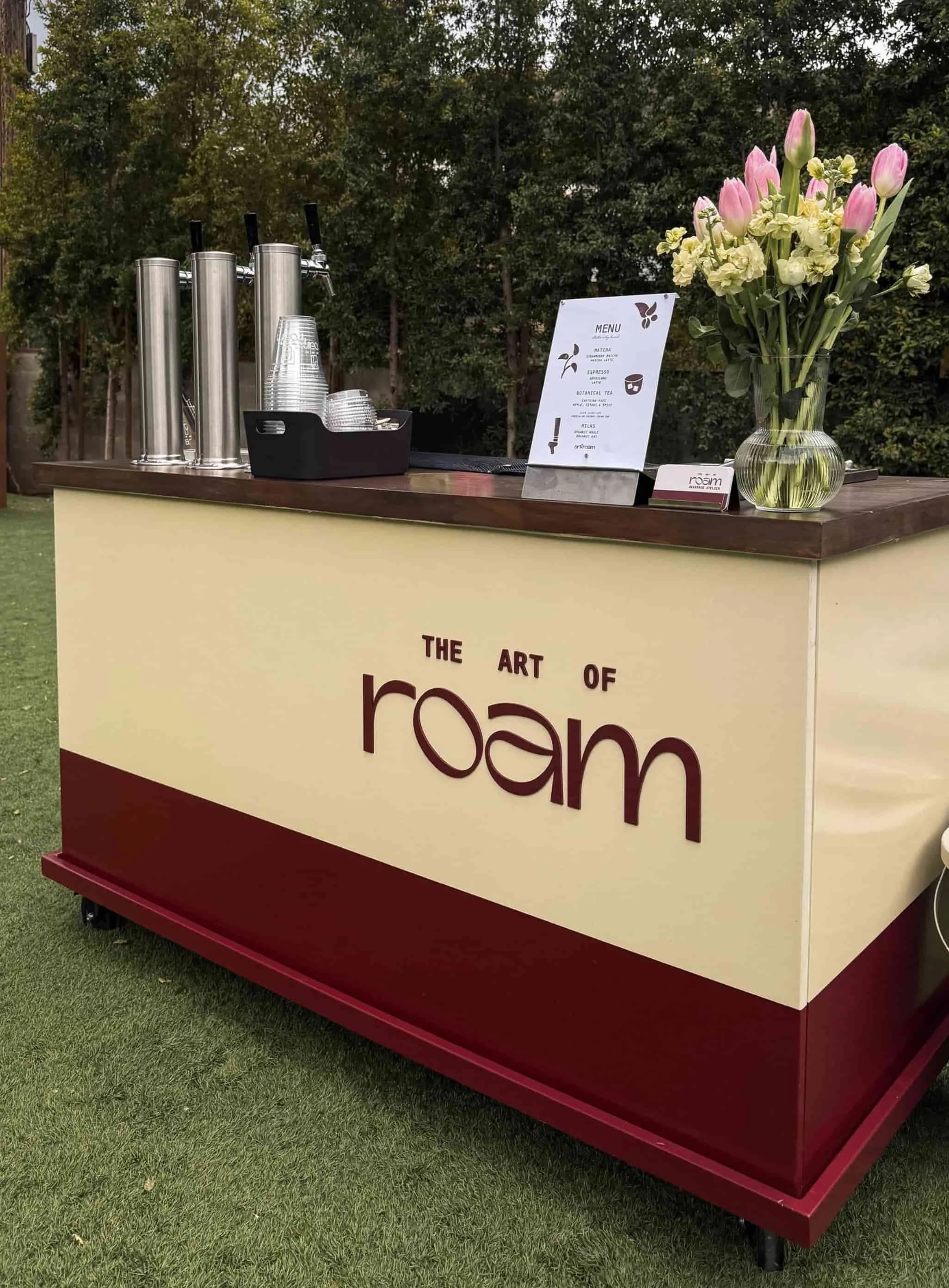 The Art of Roam mobile coffee and matcha cart set up for a private event in Los Angeles