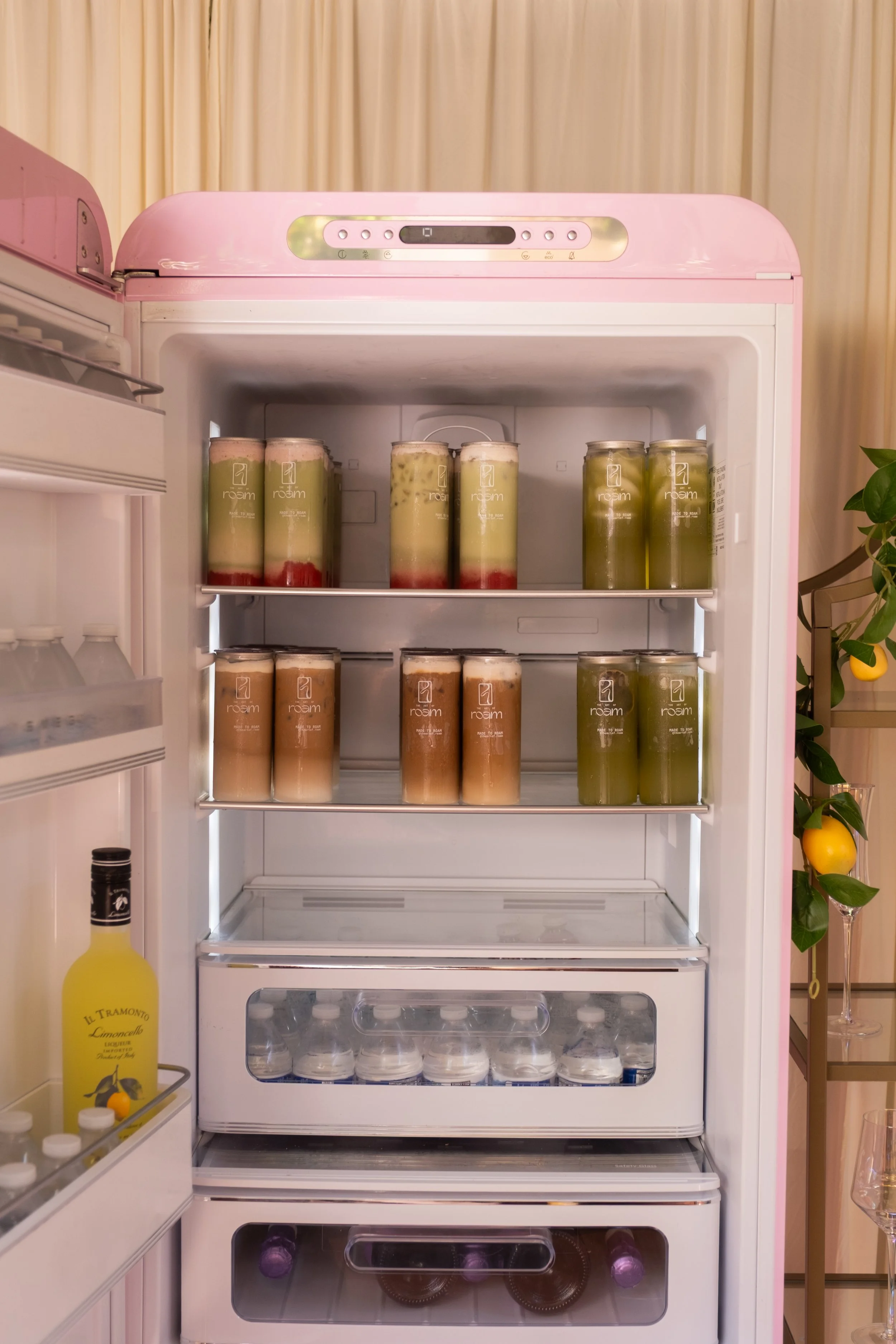 The Roam Fridge stocked with freshly canned coffee and matcha for a Posse LA brand activation.