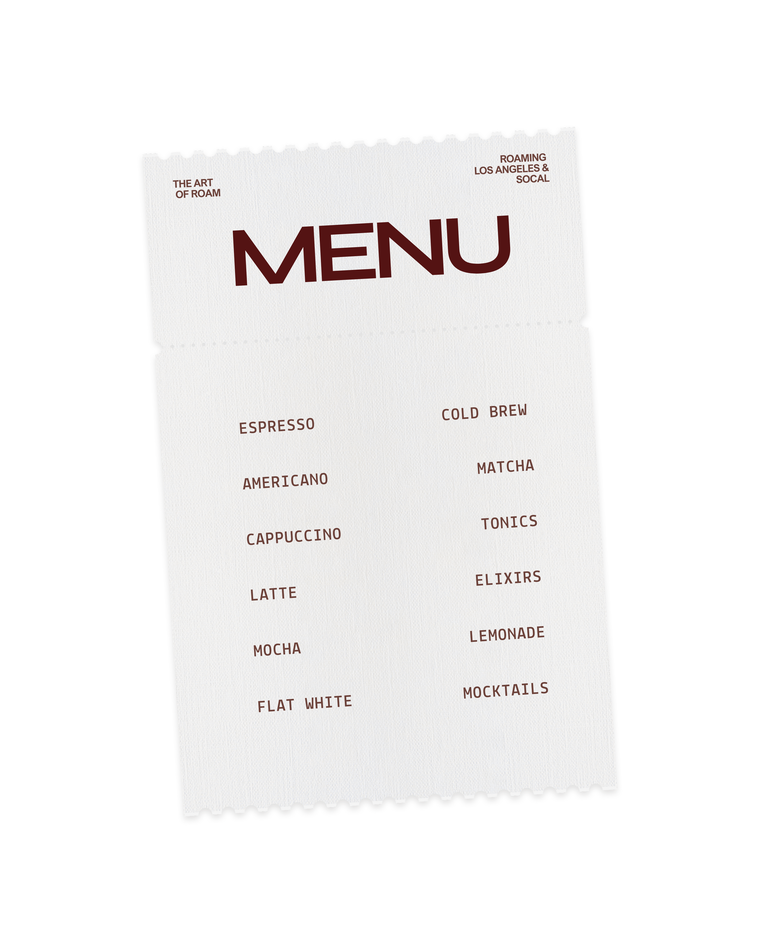 The Art of Roam coffee cart branding and customization lookbook featuring a custom beverage menu
