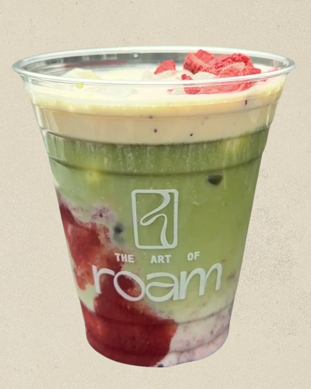 Layered strawberry matcha latte from The Art of Roam event beverage menu