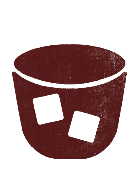 Graphic illustration of a brown glass filled with ice cubes.