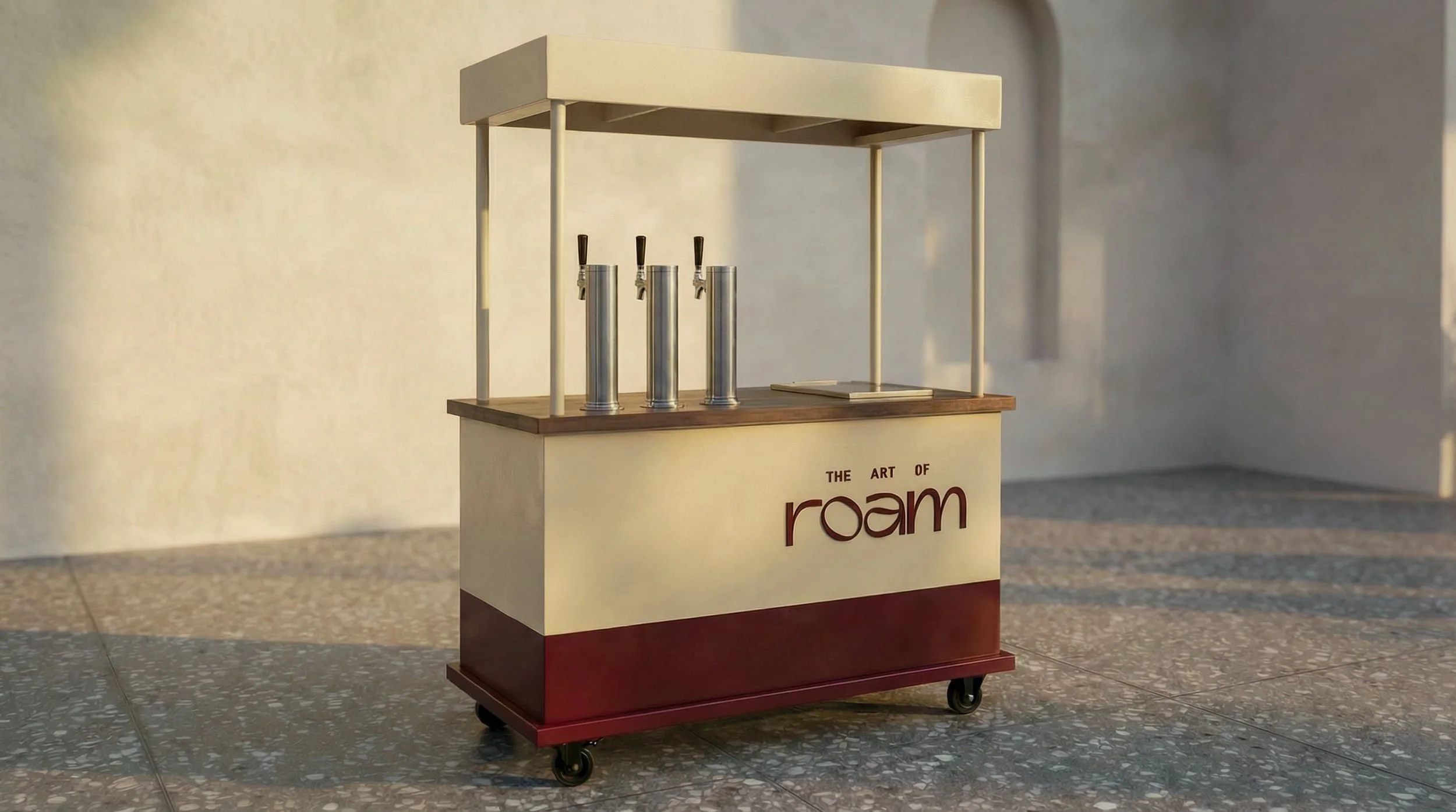 The Art of Roam draft tap coffee and matcha cart setup
