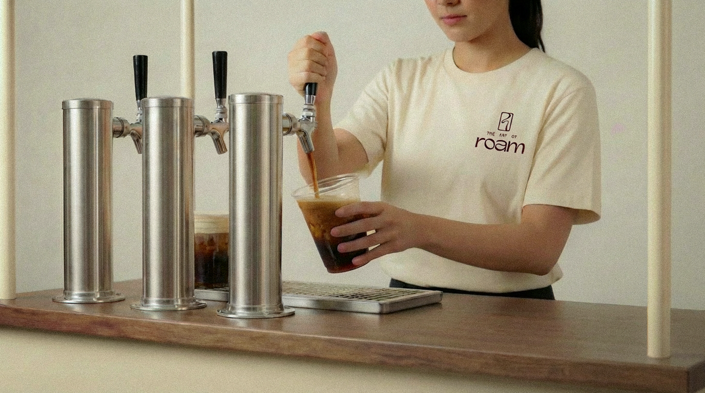 Draft tap beverage service with staff wearing The Art of Roam shirts