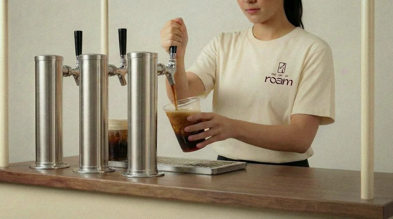 Draft cold brew being poured from The Art of Roam mobile beverage cart