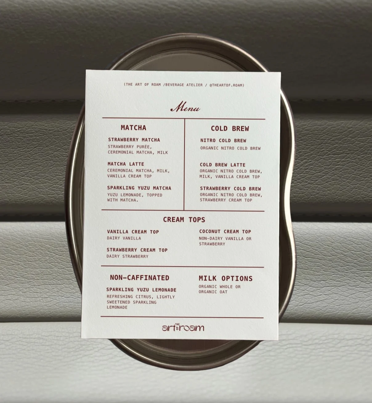 The Art of Roam coffee and matcha catering menu featuring cold brew, matcha, cream tops and sparkling beverages
