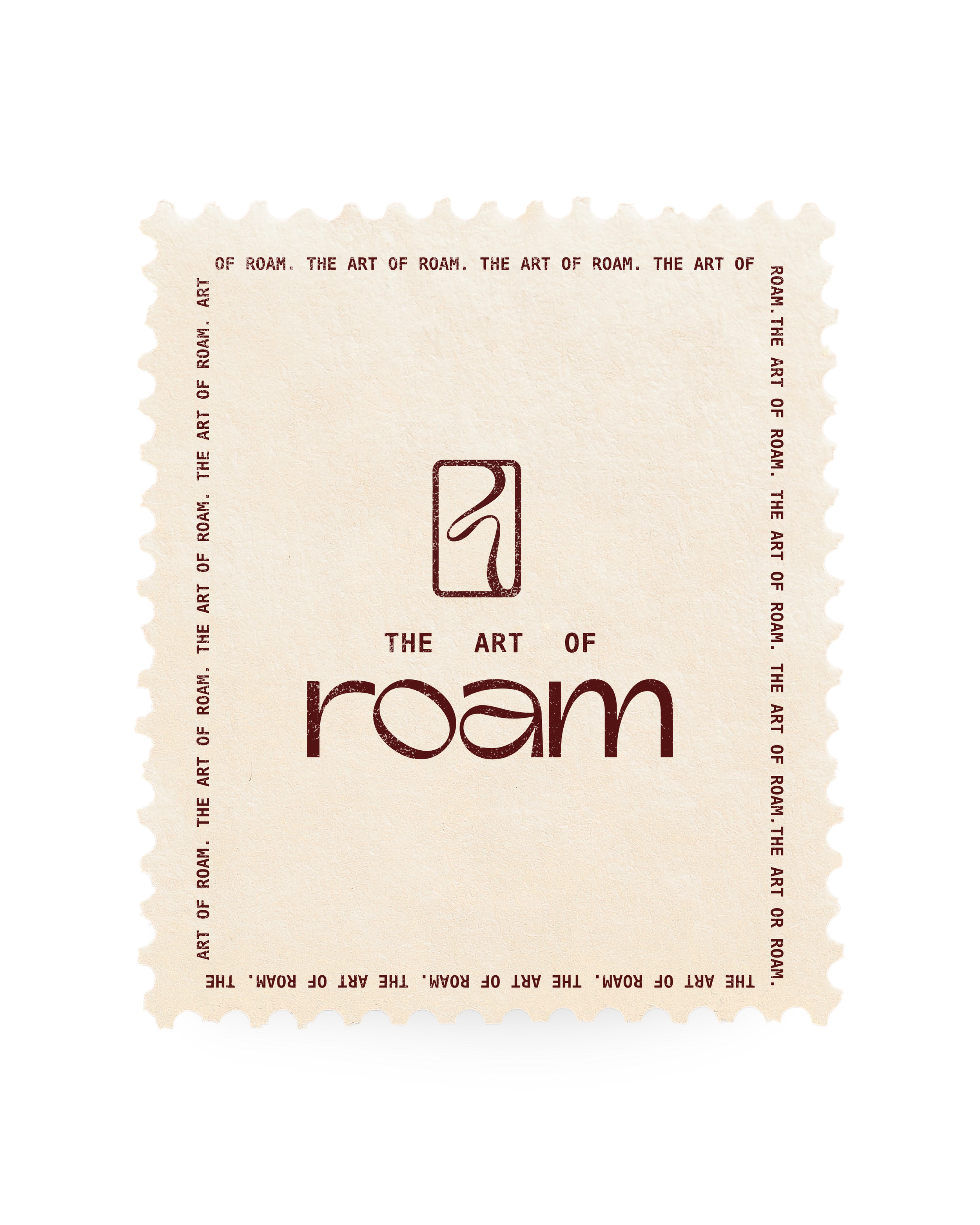 Design resembling a postage stamp with the text 'The Art of Roam' and decorative border along the edges.