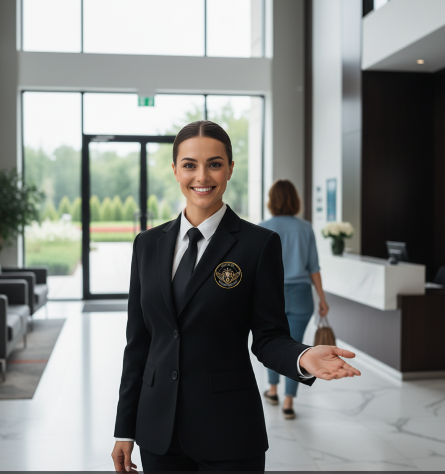 A smiling woman in a black formal suit, likely a hotel or reception staff, standing inside a modern lobby with large glass windows, a reception desk, and a woman walking away in the background.