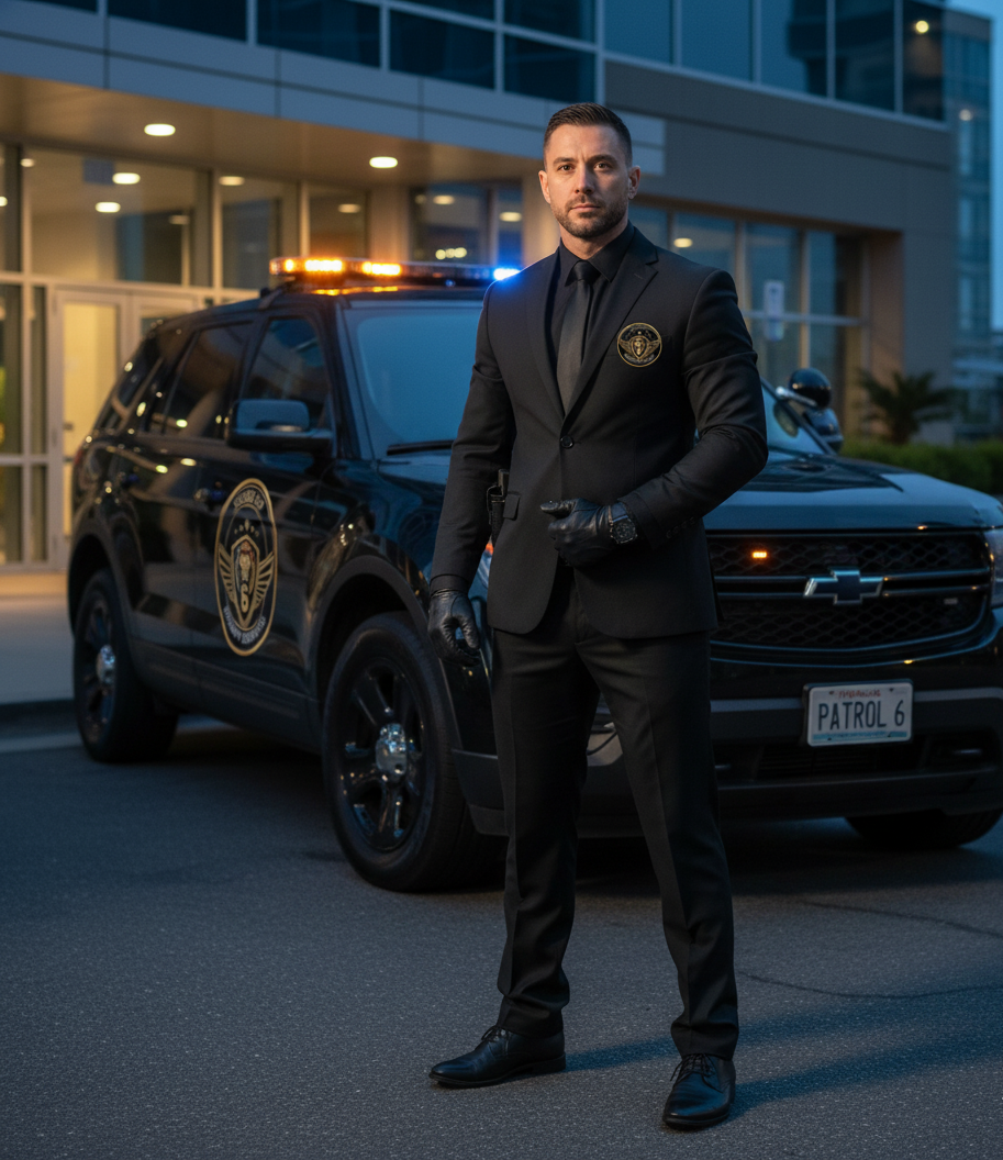 A police officer dressed in a black suit and gloves standing in front of a black police vehicle with flashing lights, outside a modern office building during dusk.