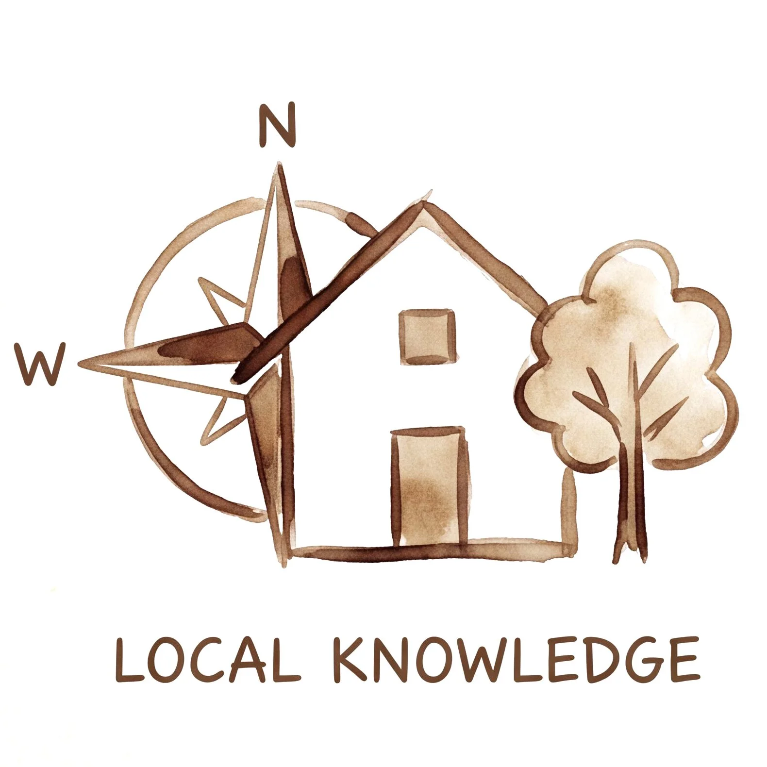 Watercolor illustration of a compass rose, tree, and buildings with the text 'Local Knowledge' underneath.