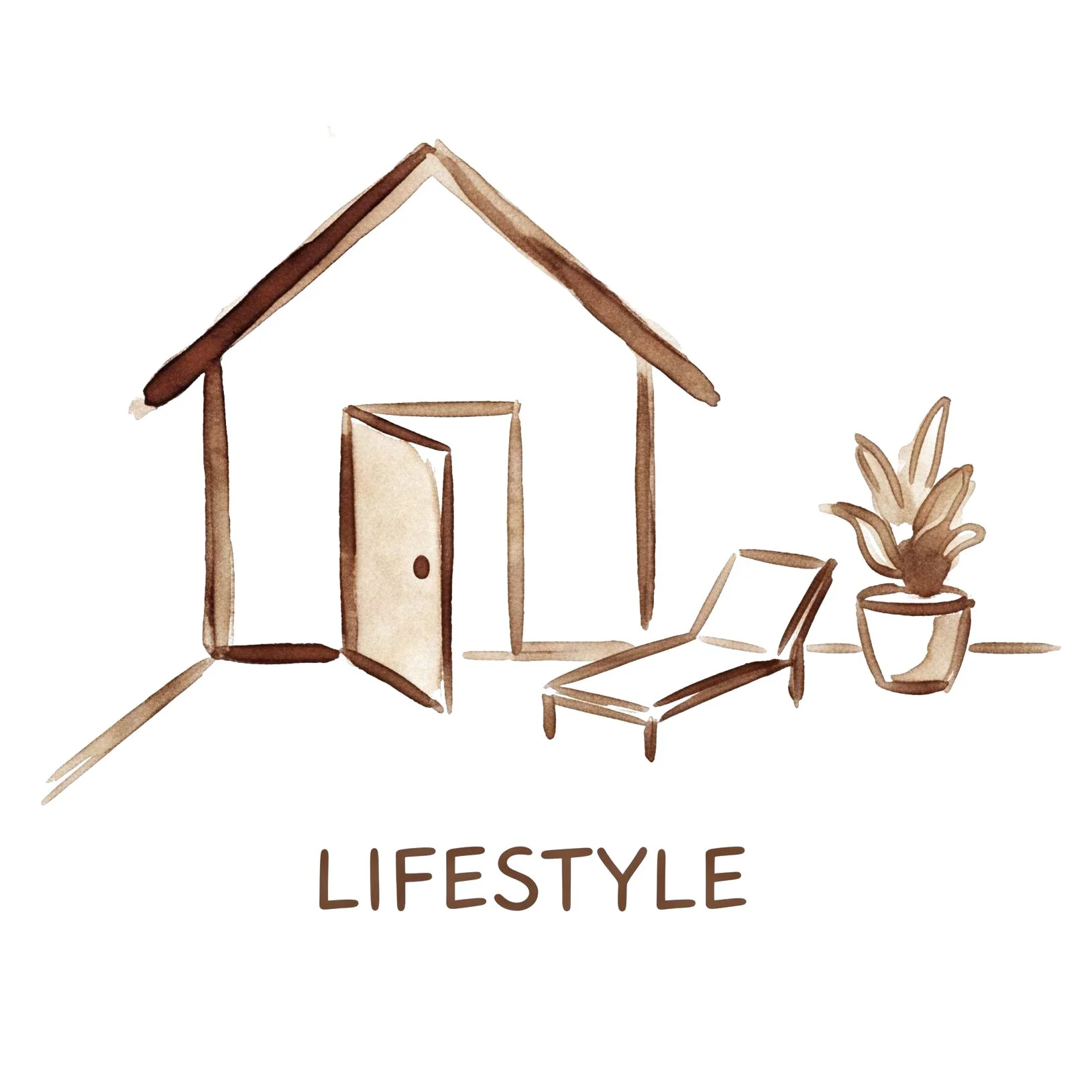 A watercolor illustration of a house, a potted plant, and a deck chair with the words 'LIFESTYLE' written below.