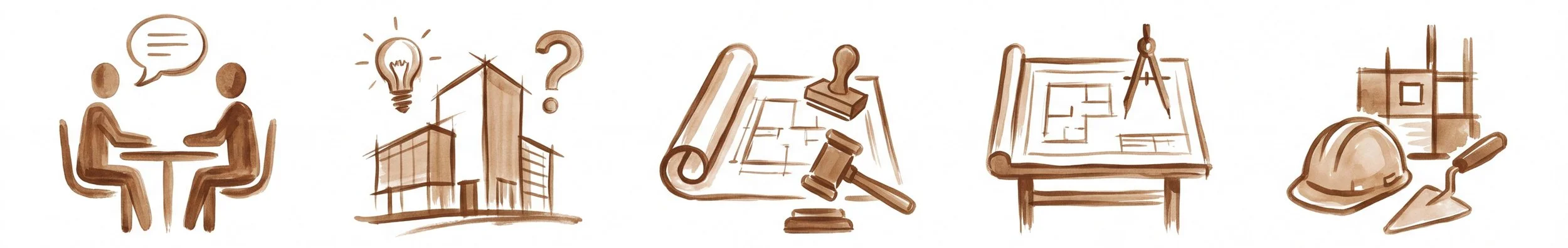 Six sepia-tone illustrations representing architecture and construction: two people talking at a table, a building with a light bulb above it and question marks, architectural blueprints and a gavel, a drafting table with a scale and compass, construction tools and a helmet.