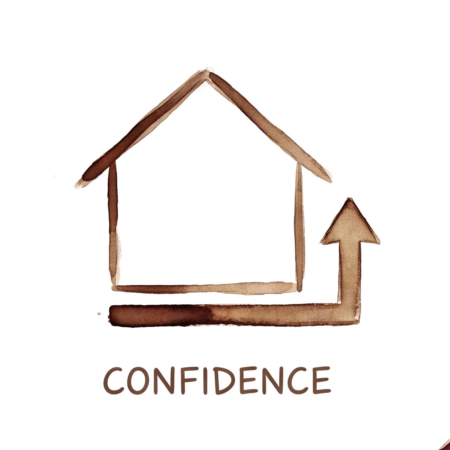 A hand-drawn house with a pitched roof and a chimney, with an arrow pointing upward next to it, and the word "CONFIDENCE" written below.