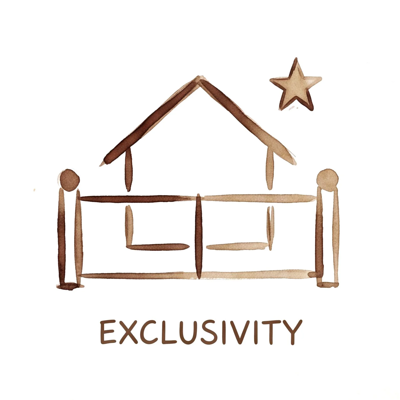Watercolor illustration of a house with a pitched roof, enclosed by a fence, and a star above the house, with the word 'EXCLUSIVITY' written below.