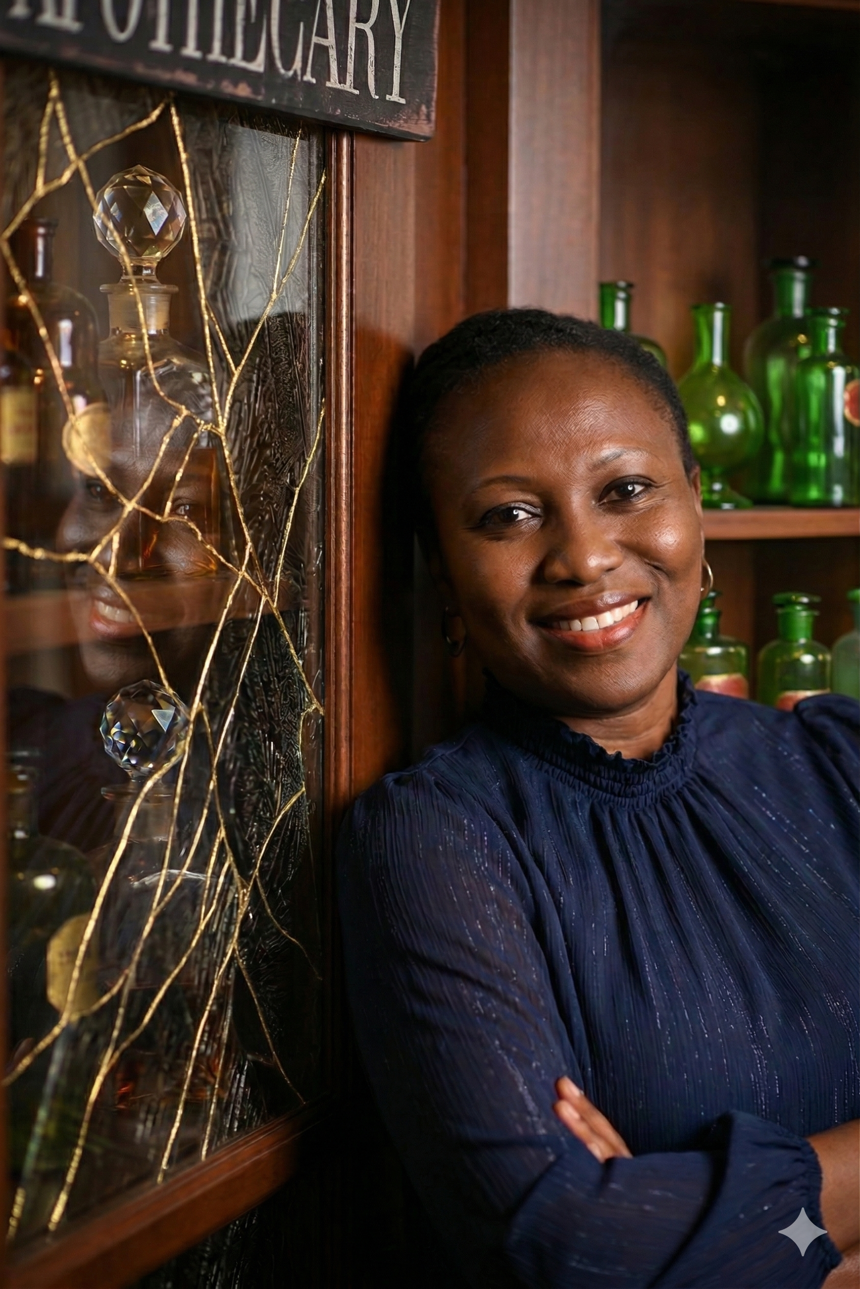 A woman smiling, leaning against a wooden cabinet with glass shelves containing green bottles, and a sign that reads 'POETRY LIBRARY' at the top.