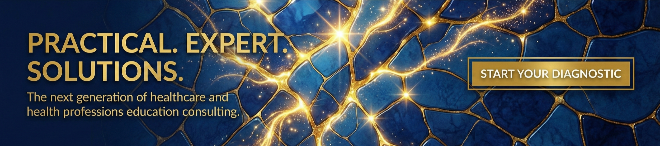 Digital graphic with blue and gold illustrations of interconnected neurons, text overlay promotes healthcare education consulting and diagnostics.
