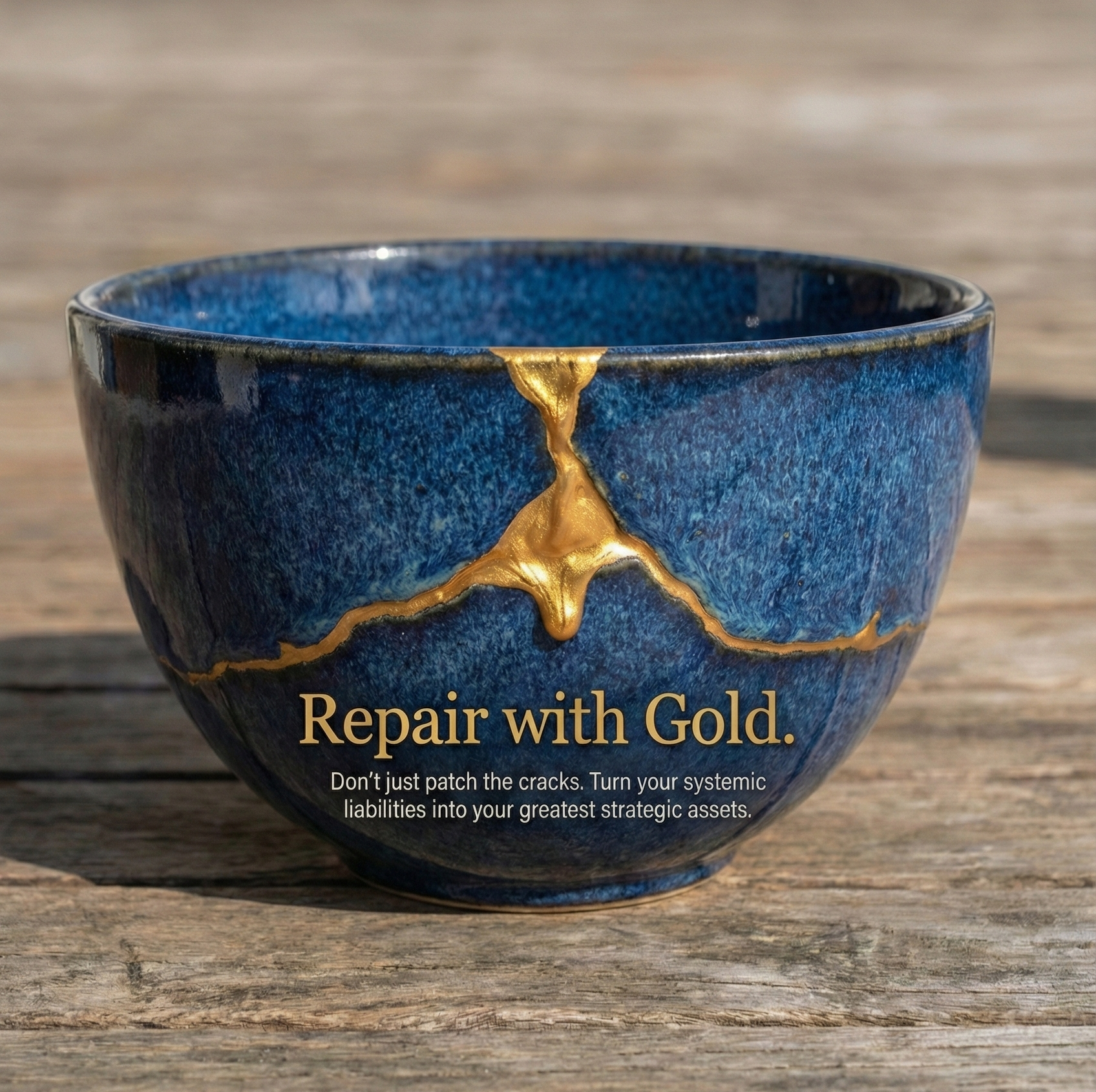 Blue ceramic bowl with gold cracks, placed on wooden surface, with overlay text 'Repair with Gold. Don't just patch the cracks. Turn your systemic liabilities into your greatest strategic assets.'