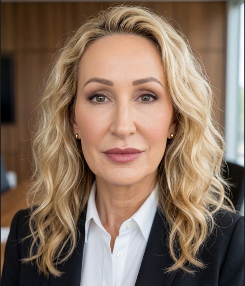 A woman with blonde, curly hair, wearing a white collared shirt and black blazer, looking directly into the camera with a neutral expression, in a corporate office setting.