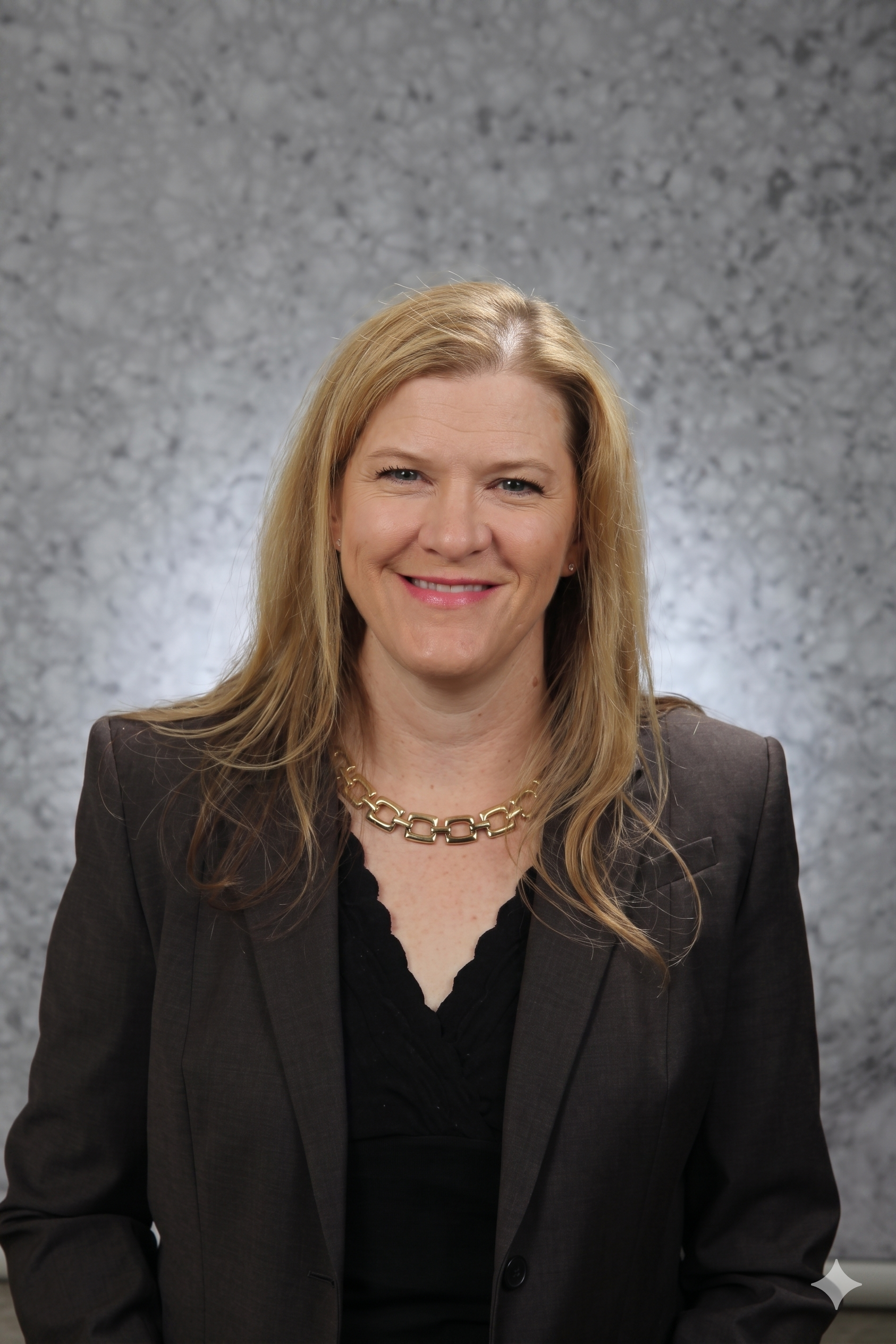 A woman with blonde hair, wearing a black top, a dark blazer, and a gold chain necklace, smiling at the camera against a gray textured background.