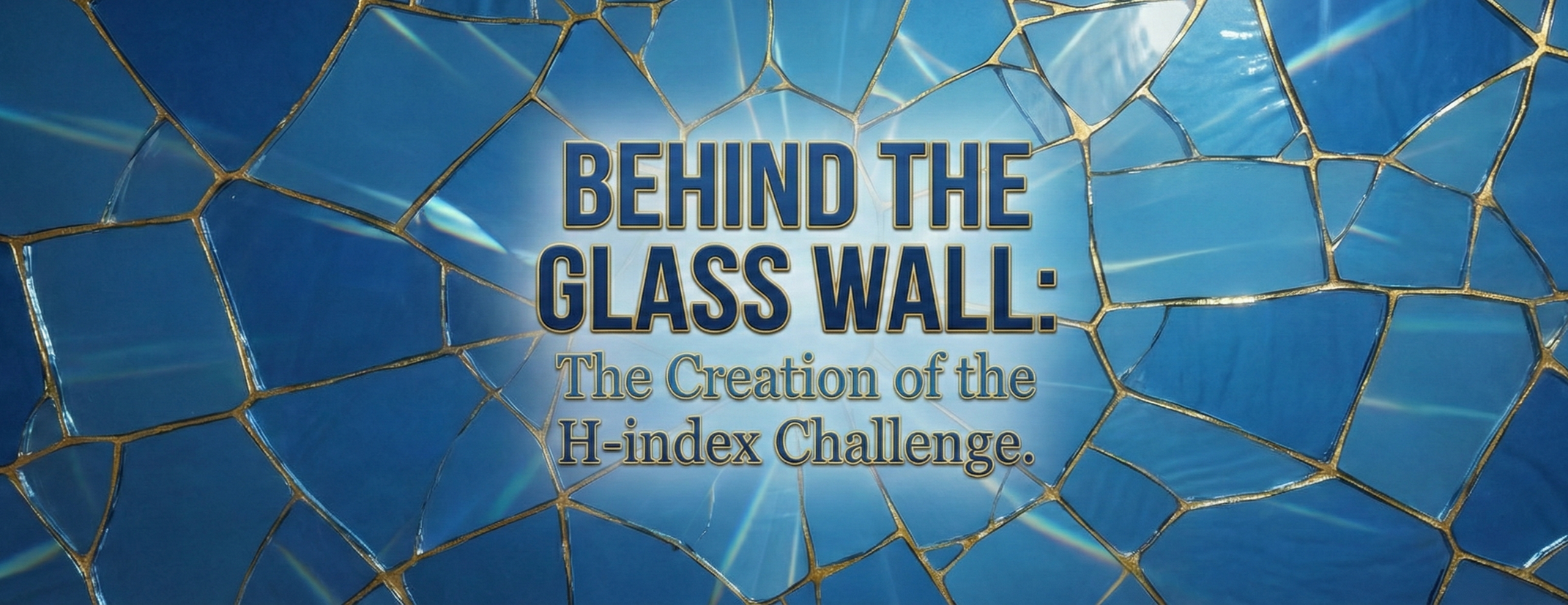 Text overlay that reads 'Behind the Glass Wall: The Creation of the H-index Challenge' with a background of shattered glass and blue hues.