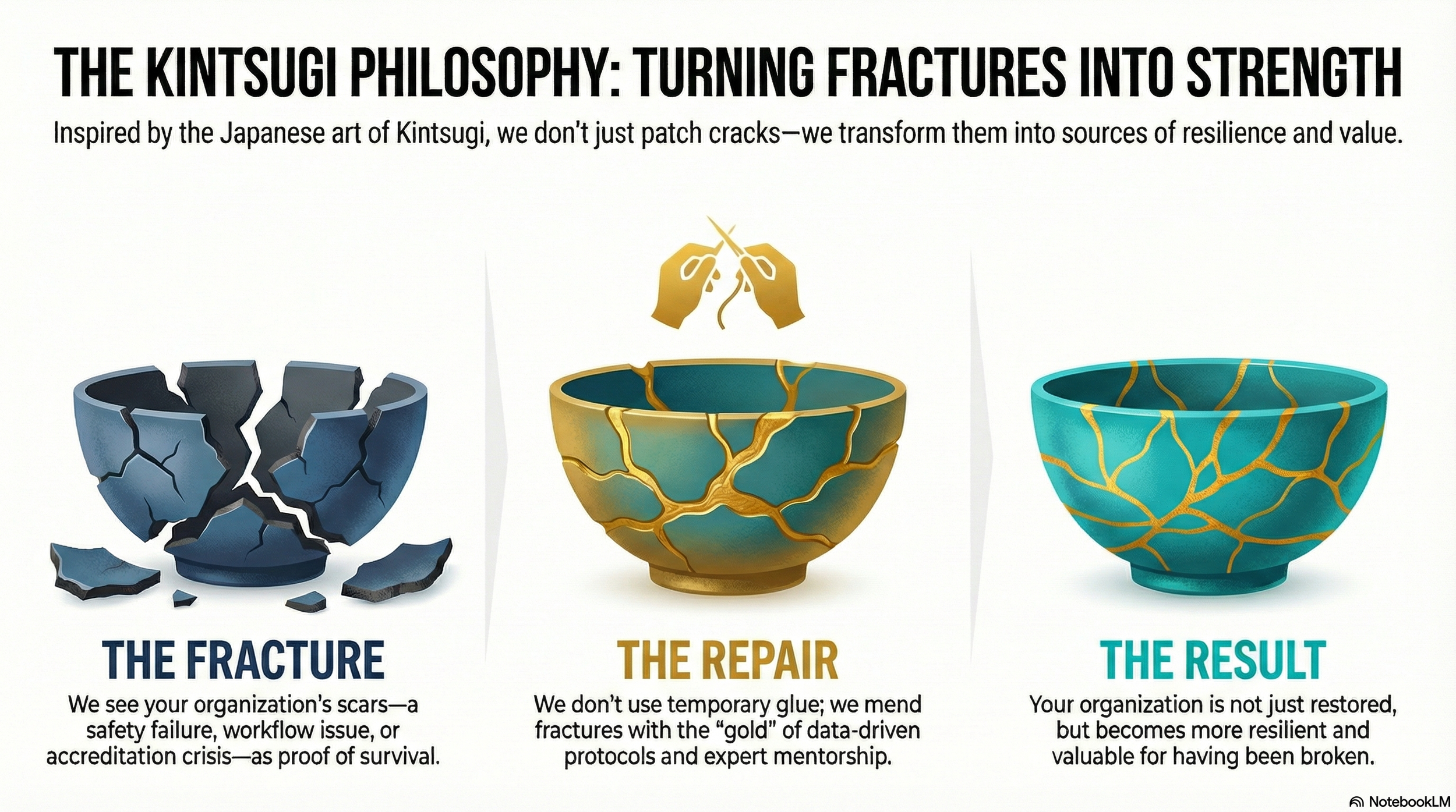 A three-part diagram illustrating the kintsugi philosophy: a broken blue ceramic bowl with cracks, a repaired gold-stitched bowl above a pair of hands with gold tools, and a restored blue and gold bowl. The text explains transforming organizational scars into strength through repair.