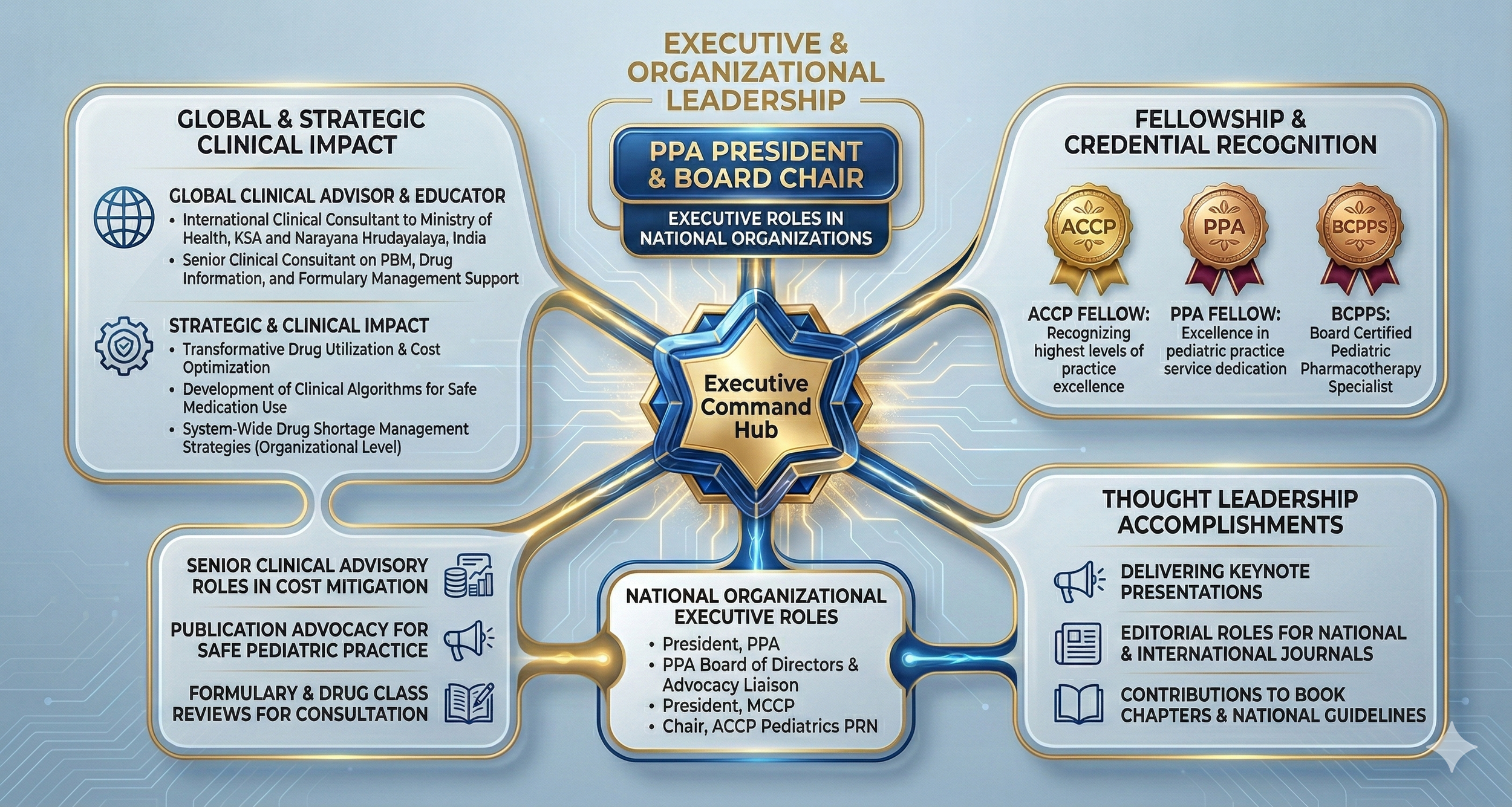 Diagram outlining organizational leadership structure and impact in healthcare, featuring key roles like PPA President and Board Chair, and categories such as global clinical impact, clinical advisory roles, credential recognition, and leadership accomplishments.