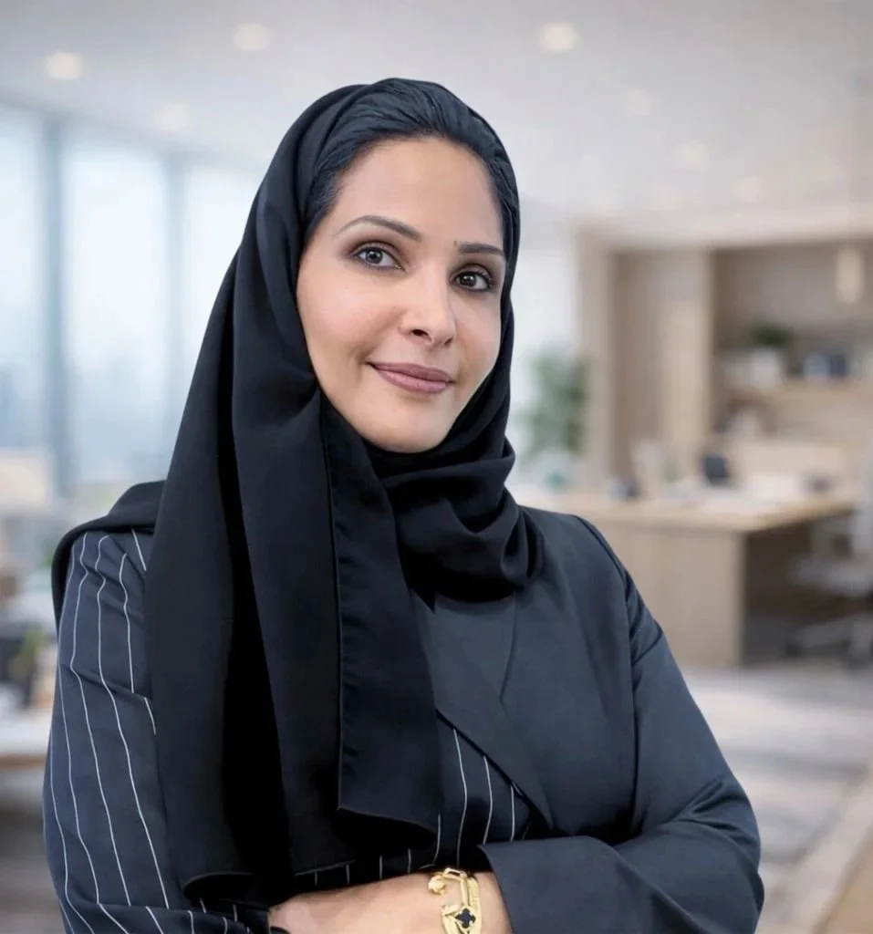 A woman wearing a black hijab and a dark pinstripe blazer in an office setting.